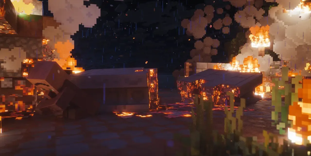 Fires spread through a rain-soaked blocky village around fallen creatures in Minecraft Dungeons II.