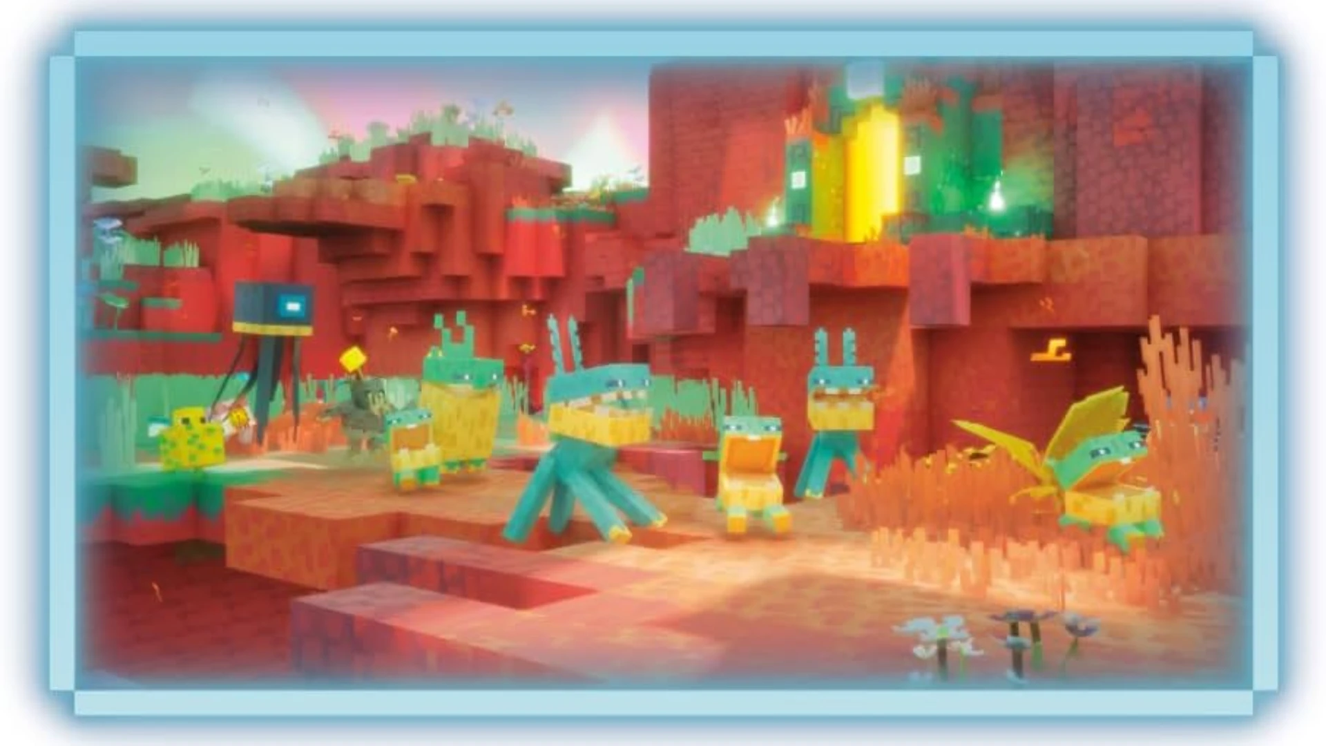 Several unusual mobs explore a colorful red and turquoise landscape in the Sift from Minecraft Dungeons II.