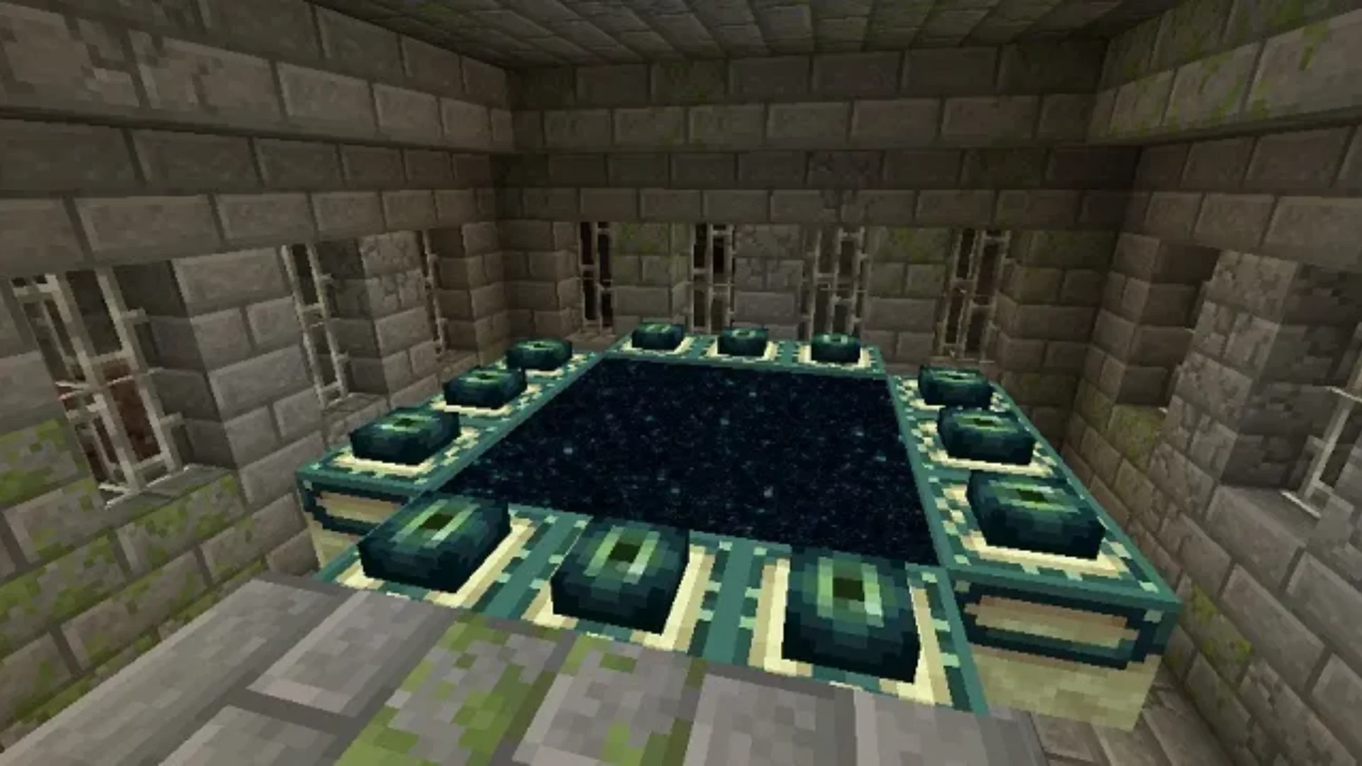 An activated End Portal sits inside a stone-brick stronghold room in Minecraft.