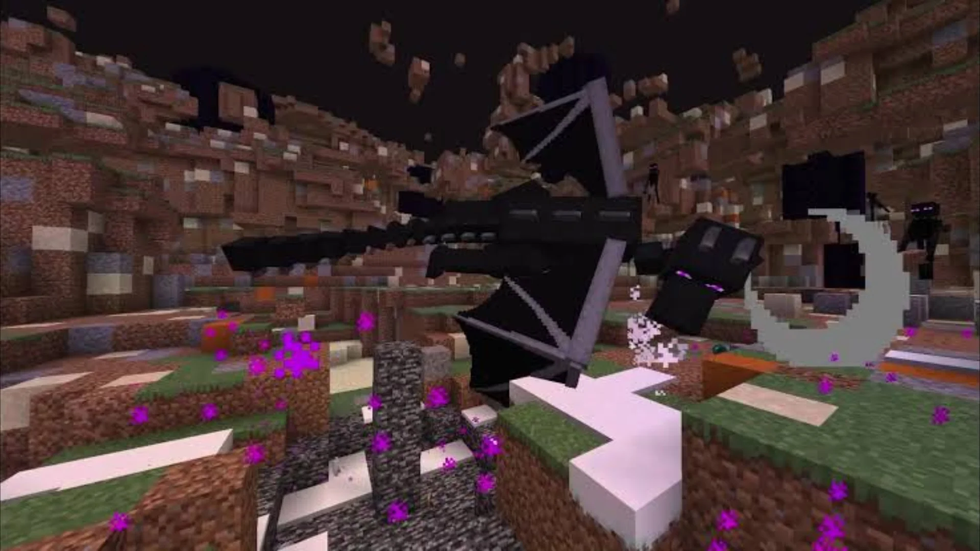 The Ender Dragon flies over a damaged Minecraft landscape as Endermen and purple particle effects fill the area.