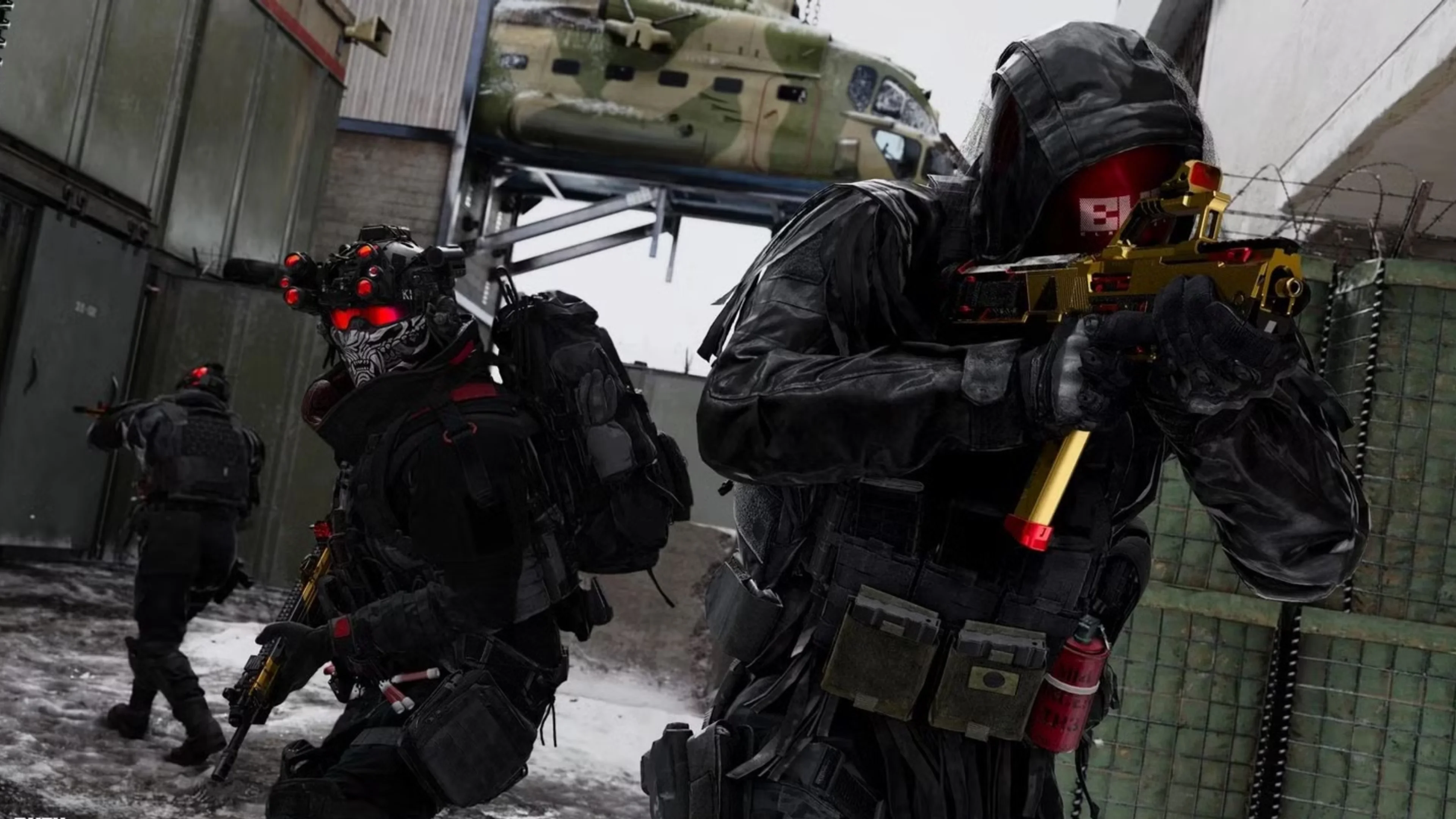Three masked tactical operators move through a snowy military compound, with the nearest soldier aiming a gold-colored weapon.