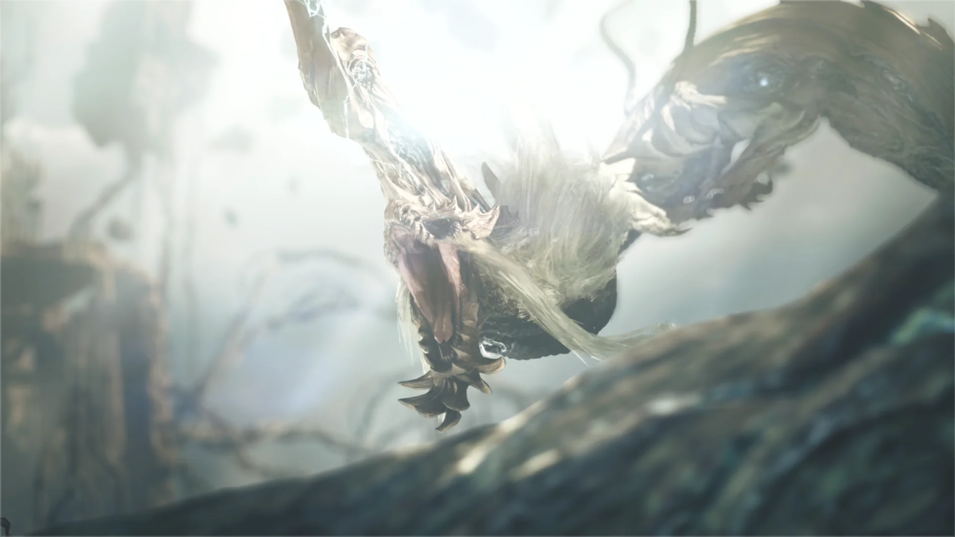 Gundoraja roars while flying through a bright, stormy sky in Monster Hunter Wilds: Ascendance.