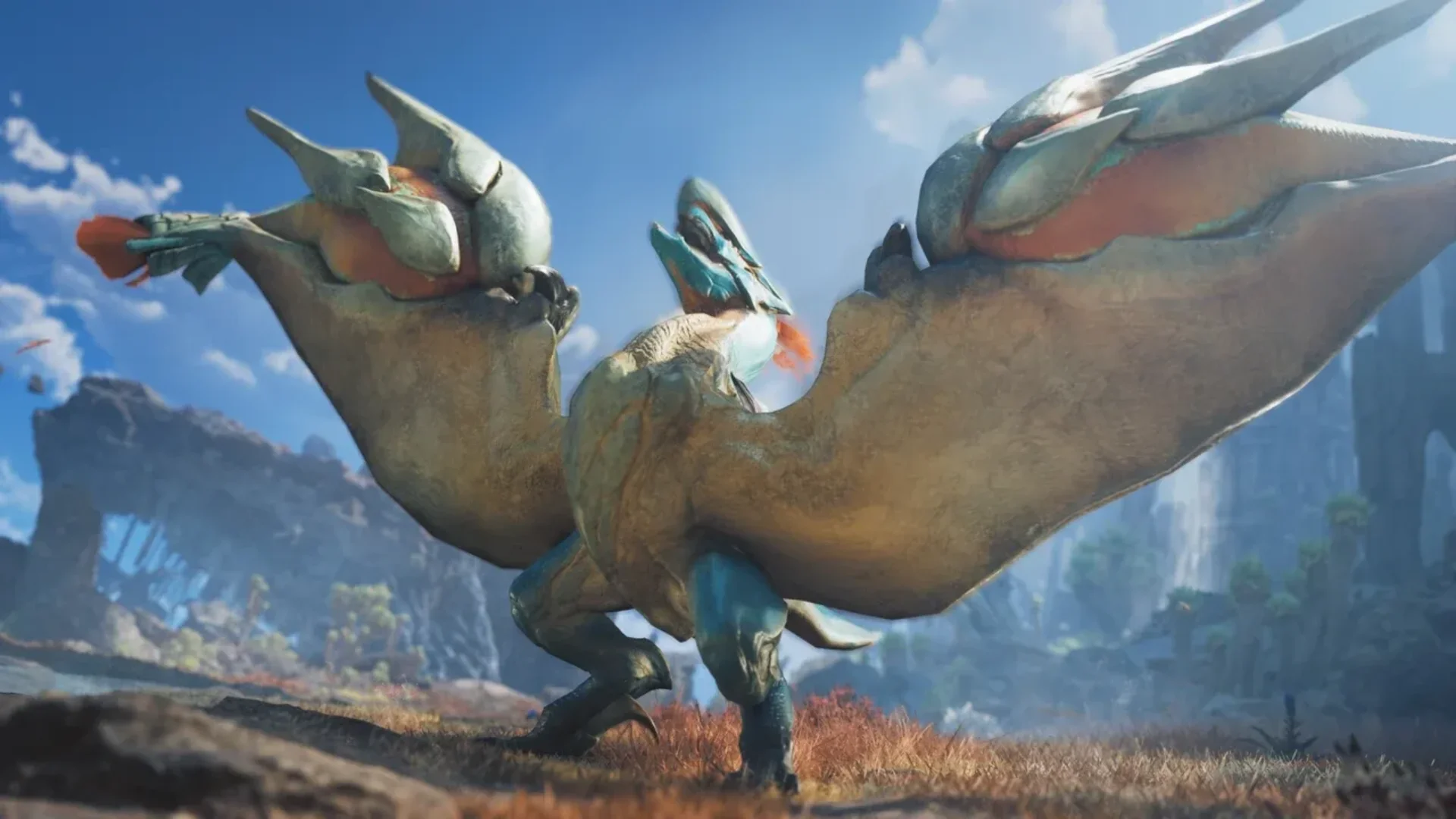 Three Araketa stand together in Skybound Eyrie under a bright blue sky in Monster Hunter Wilds: Ascendance.