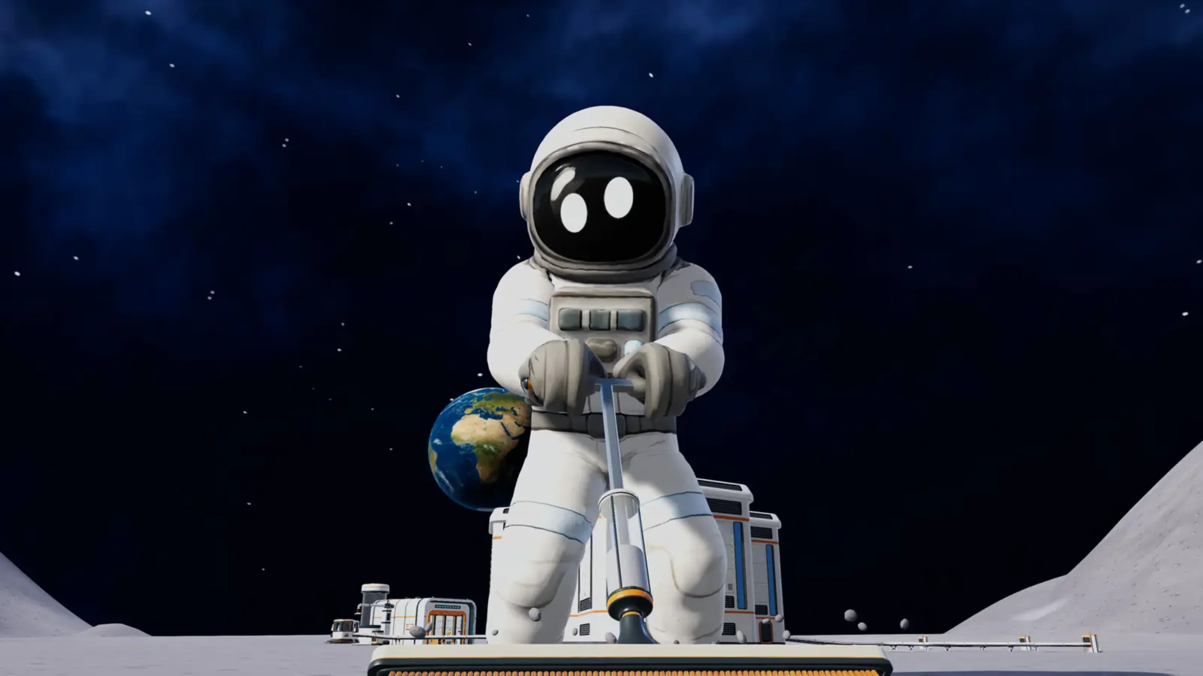 An astronaut stands among solar panels and large industrial equipment at a lunar base, with Earth visible in the distance.
