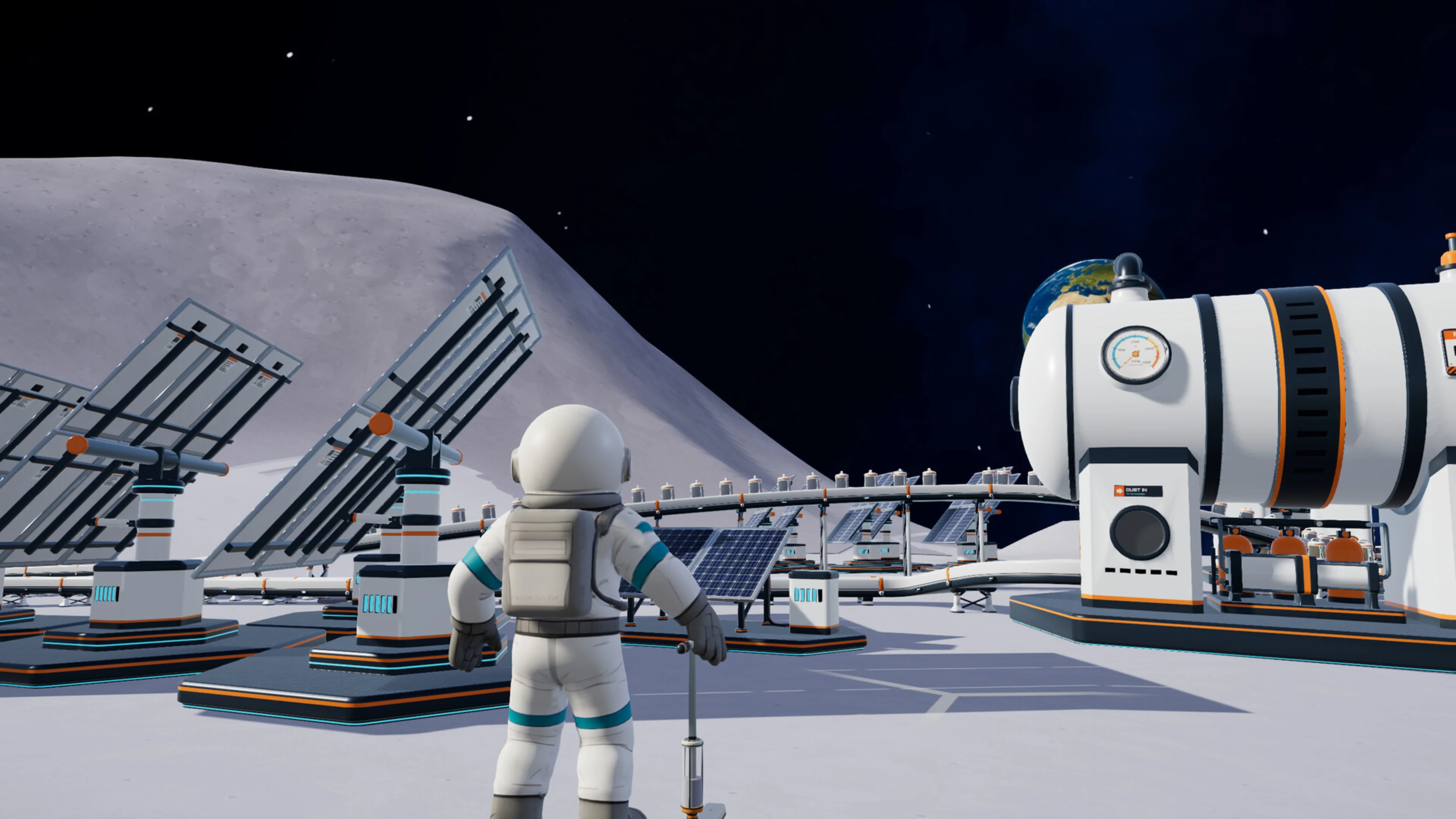A cartoon astronaut in a white spacesuit holds a long cleaning tool on the Moon, with Earth and lunar base structures behind.