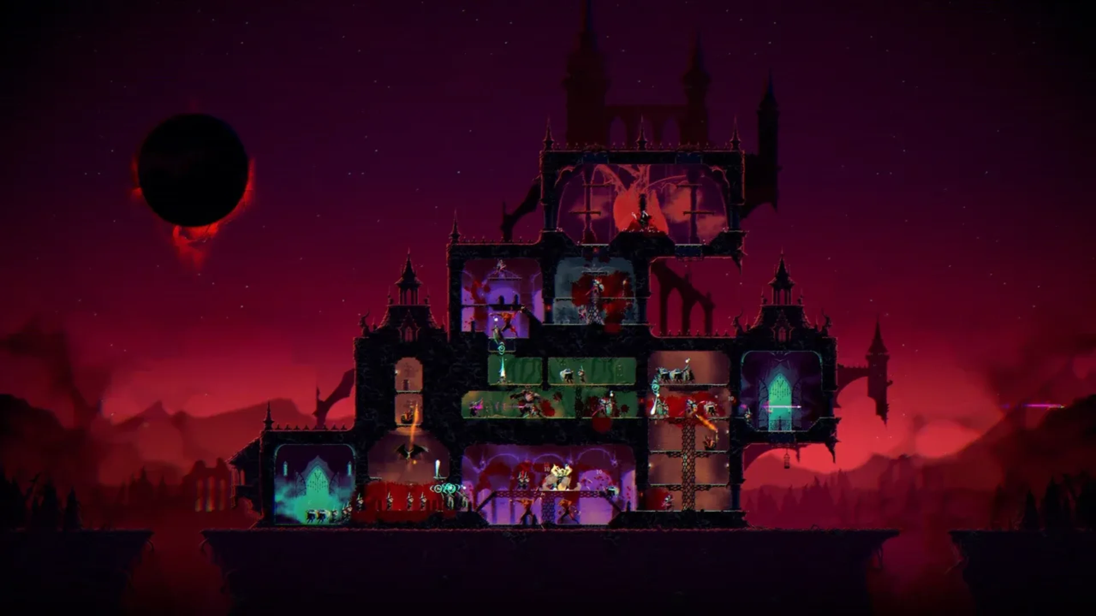 ReVamp gameplay showing a multiroom gothic castle filled with characters and combat encounters beneath a red sky and dark eclipse.