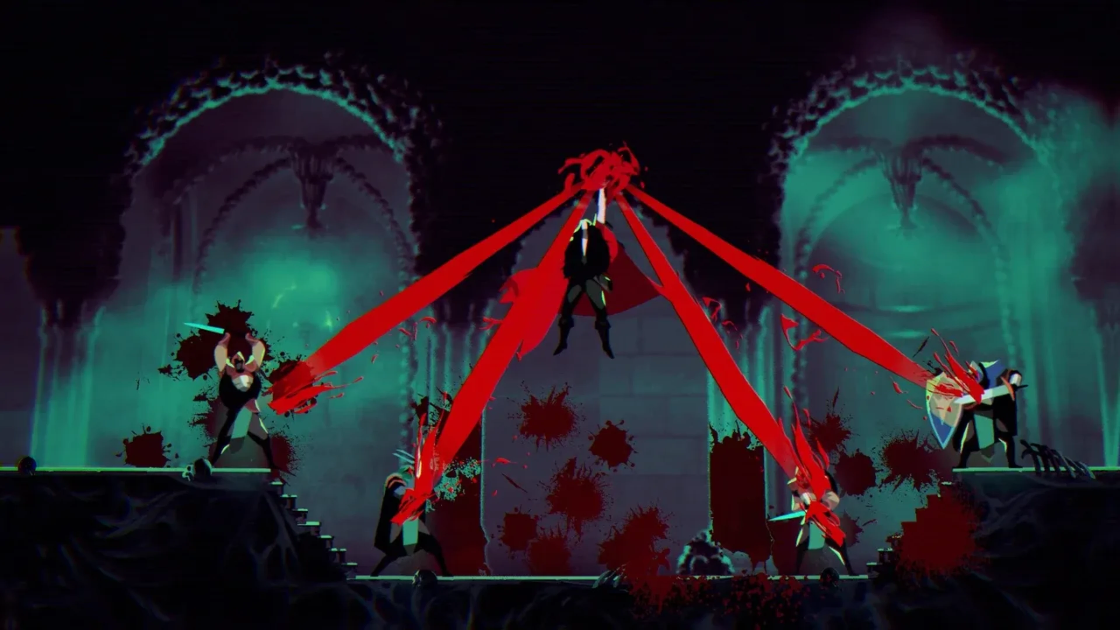 ReVamp gameplay showing a floating vampire unleashing red magical attacks against multiple enemies inside a gothic chamber.