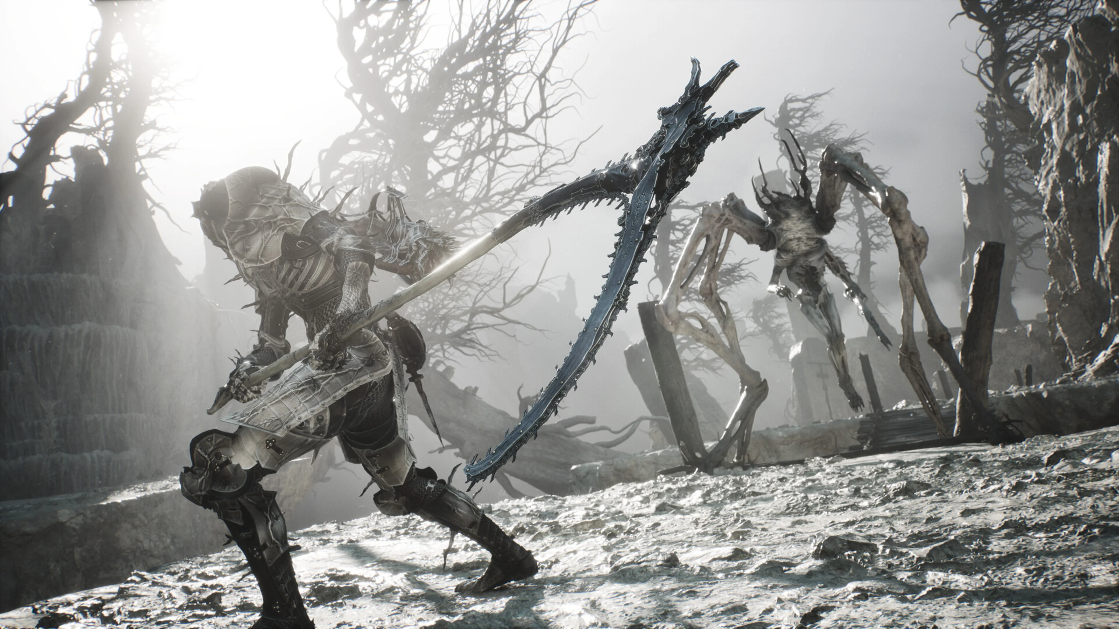 Mortal Shell 2 gameplay showing an armored warrior wielding a large bladed weapon against a skeletal monster in a ruined landscape.