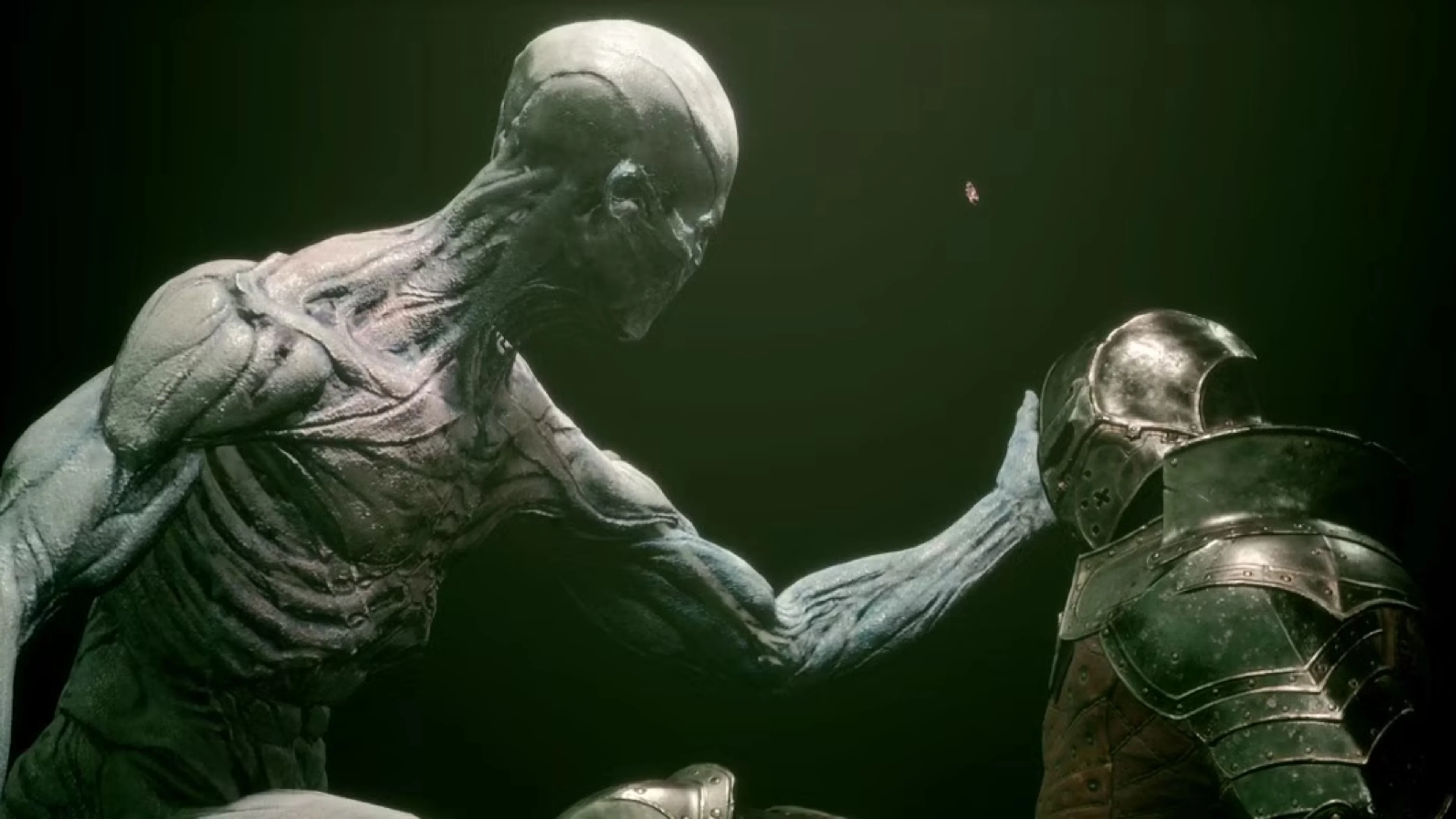 Mortal Shell 2 screenshot showing a giant pale humanoid creature reaching toward an armored warrior against a dark green background.