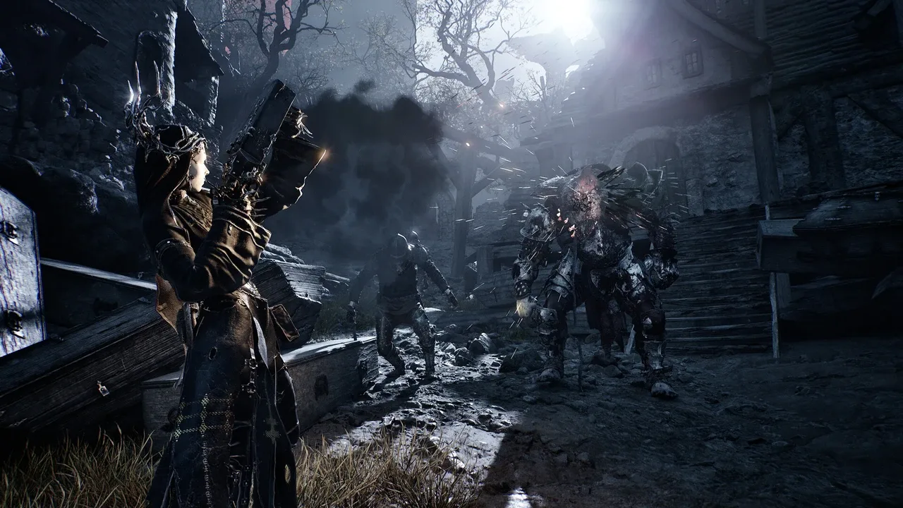 A fighter shoots an armored enemy during combat in a ruined village in Mortal Shell II.