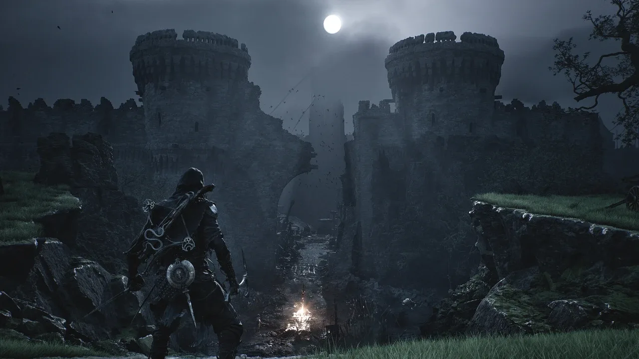 A warrior overlooks a ruined fortress beneath the moonlight in Mortal Shell II.