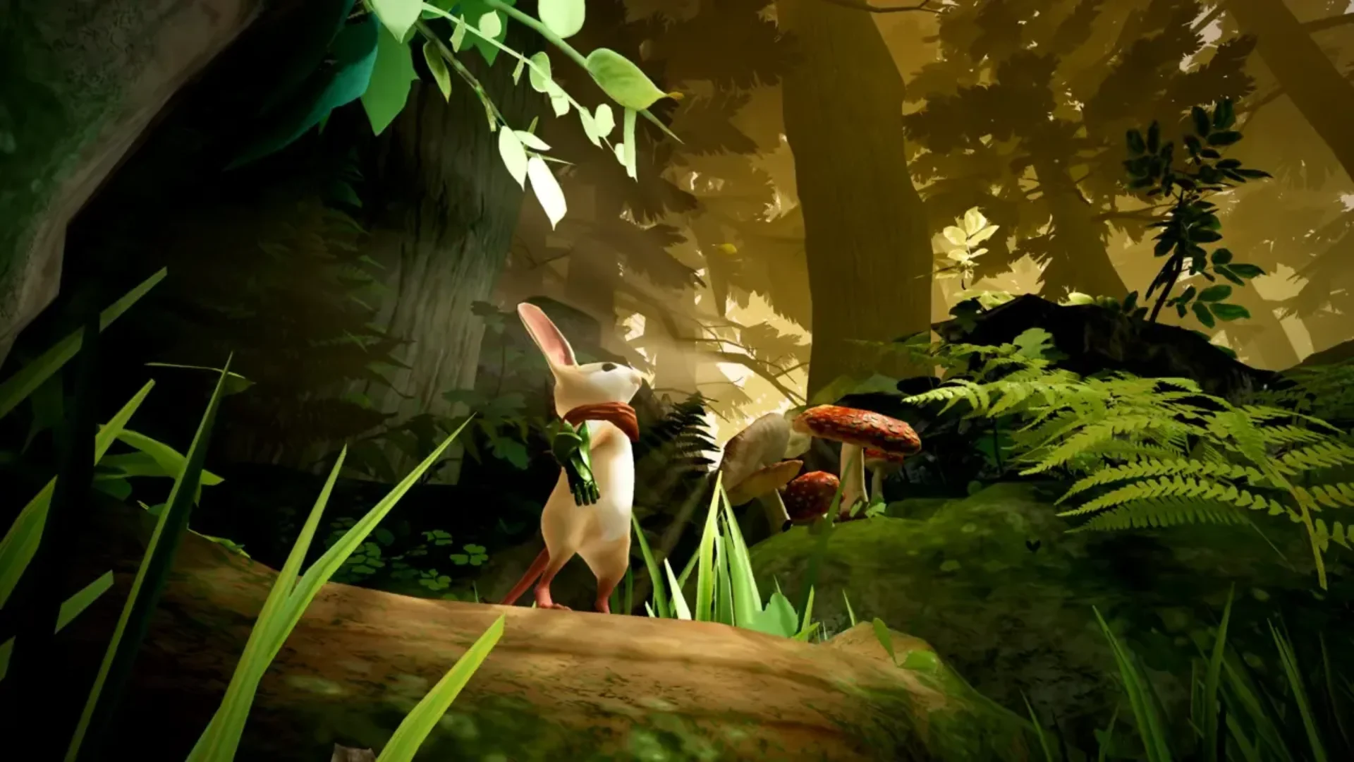 Quill holds a green sword in a forest clearing beside an ancient stone doorway in Moss: The Forgotten Relic.