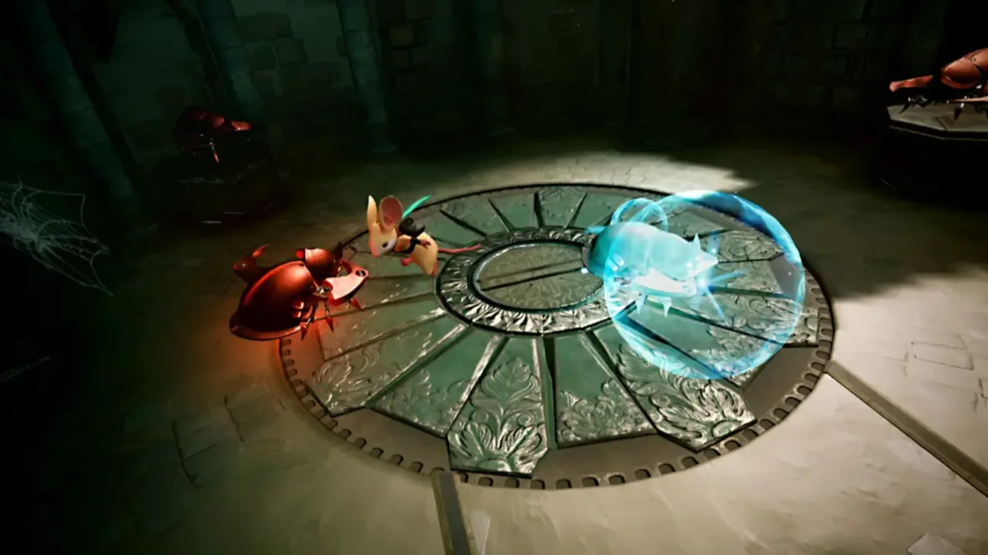 Quill battles armored beetle enemies beside a glowing blue barrier in Moss: The Forgotten Relic.