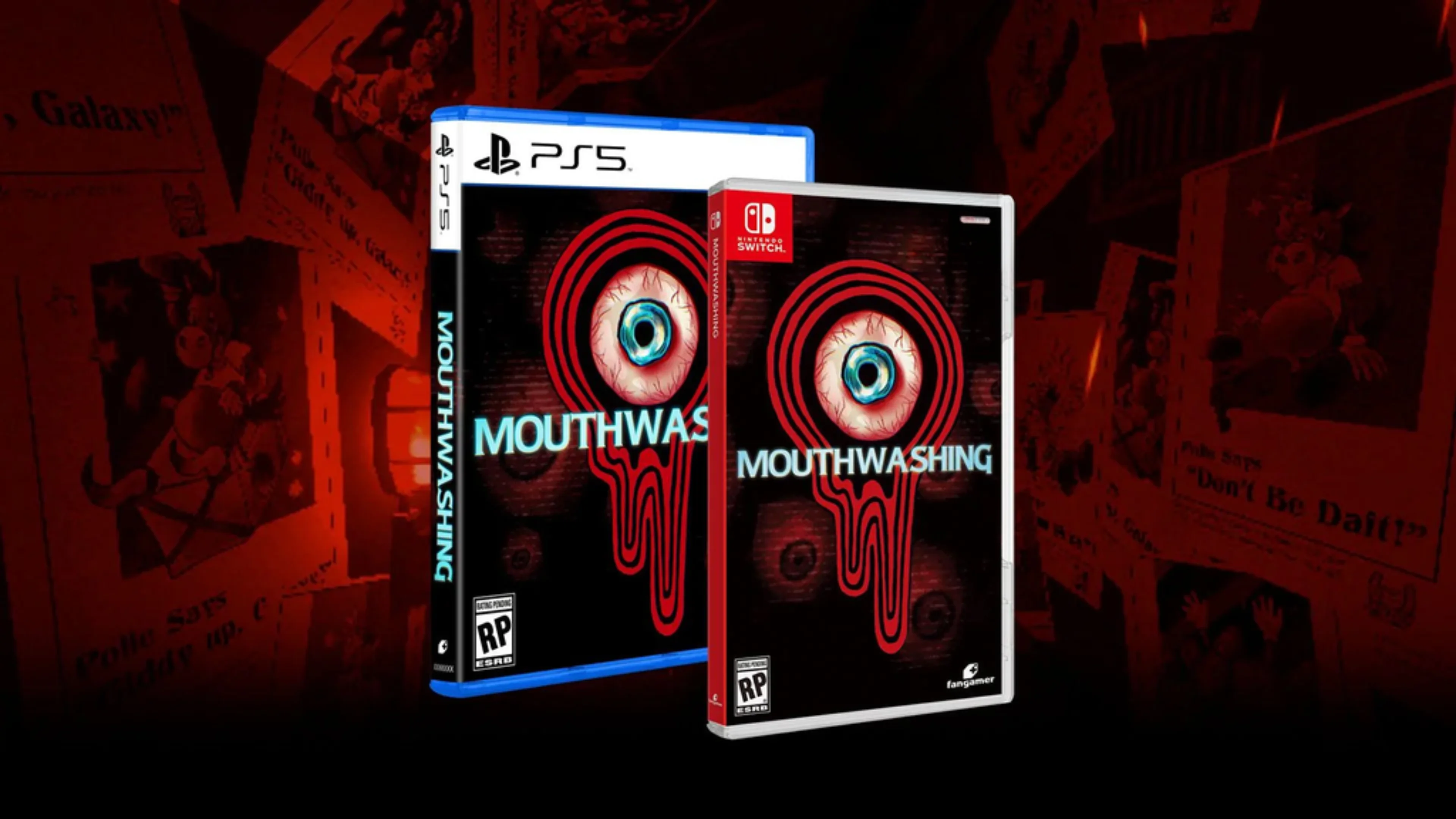 Mouthwashing physical game cases for PlayStation 5 and Nintendo Switch featuring the game's red eye artwork against a dark background.