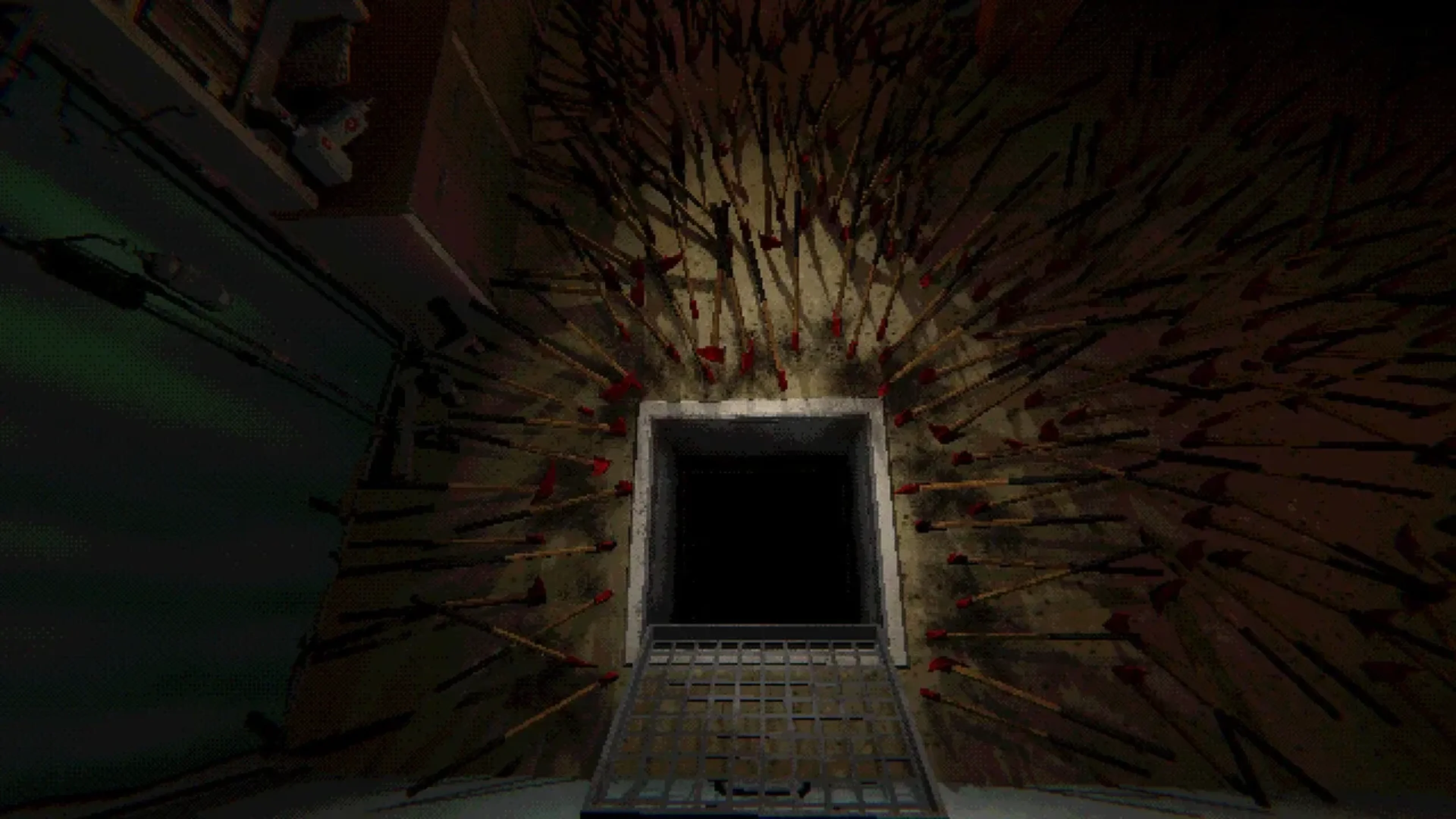 Mouthwashing gameplay showing a dark shaft surrounded by sharp metal spikes and a grated platform leading into darkness.