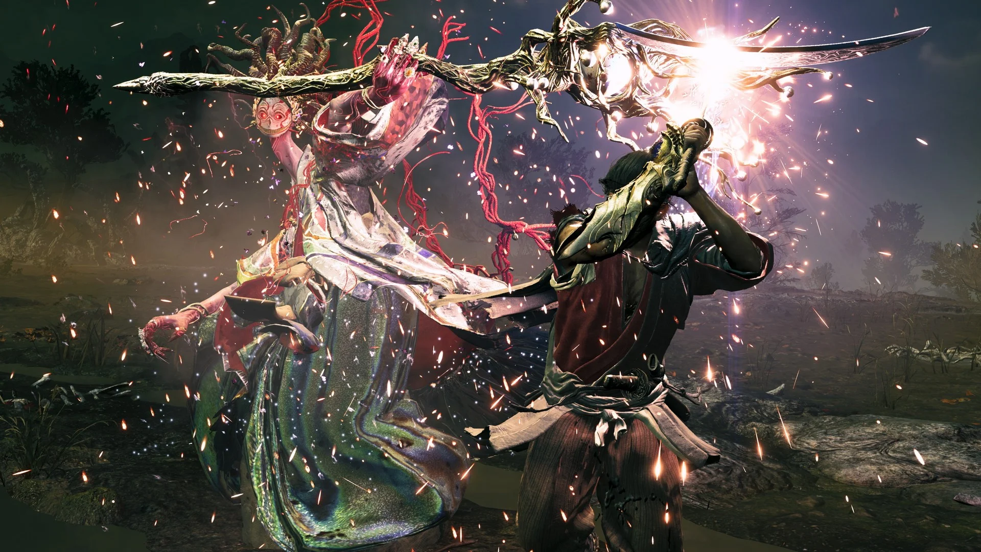 A sword-wielding fighter clashes with a masked supernatural enemy during a dramatic 3D action combat sequence.