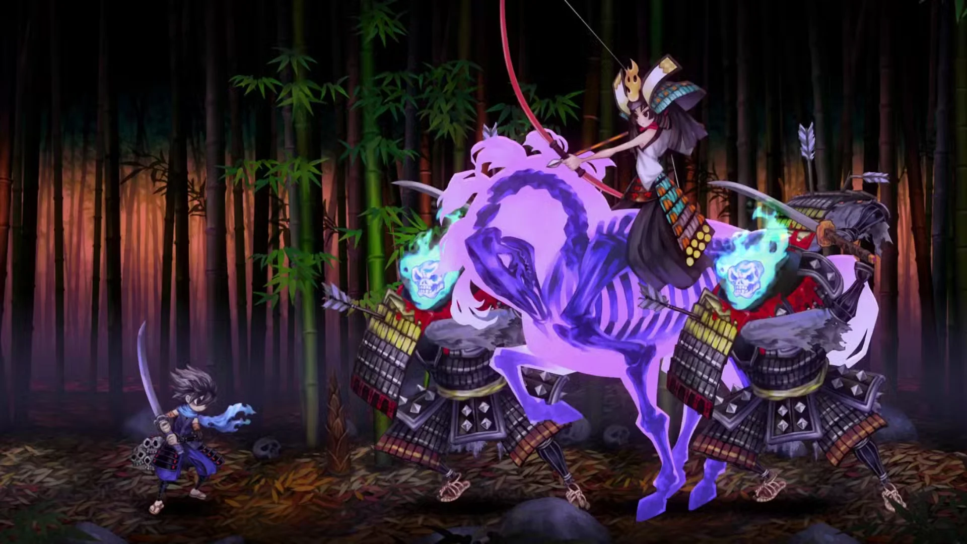 A samurai faces ghostly mounted enemies and armored warriors in a bamboo forest in Muramasa Revenant Blades.