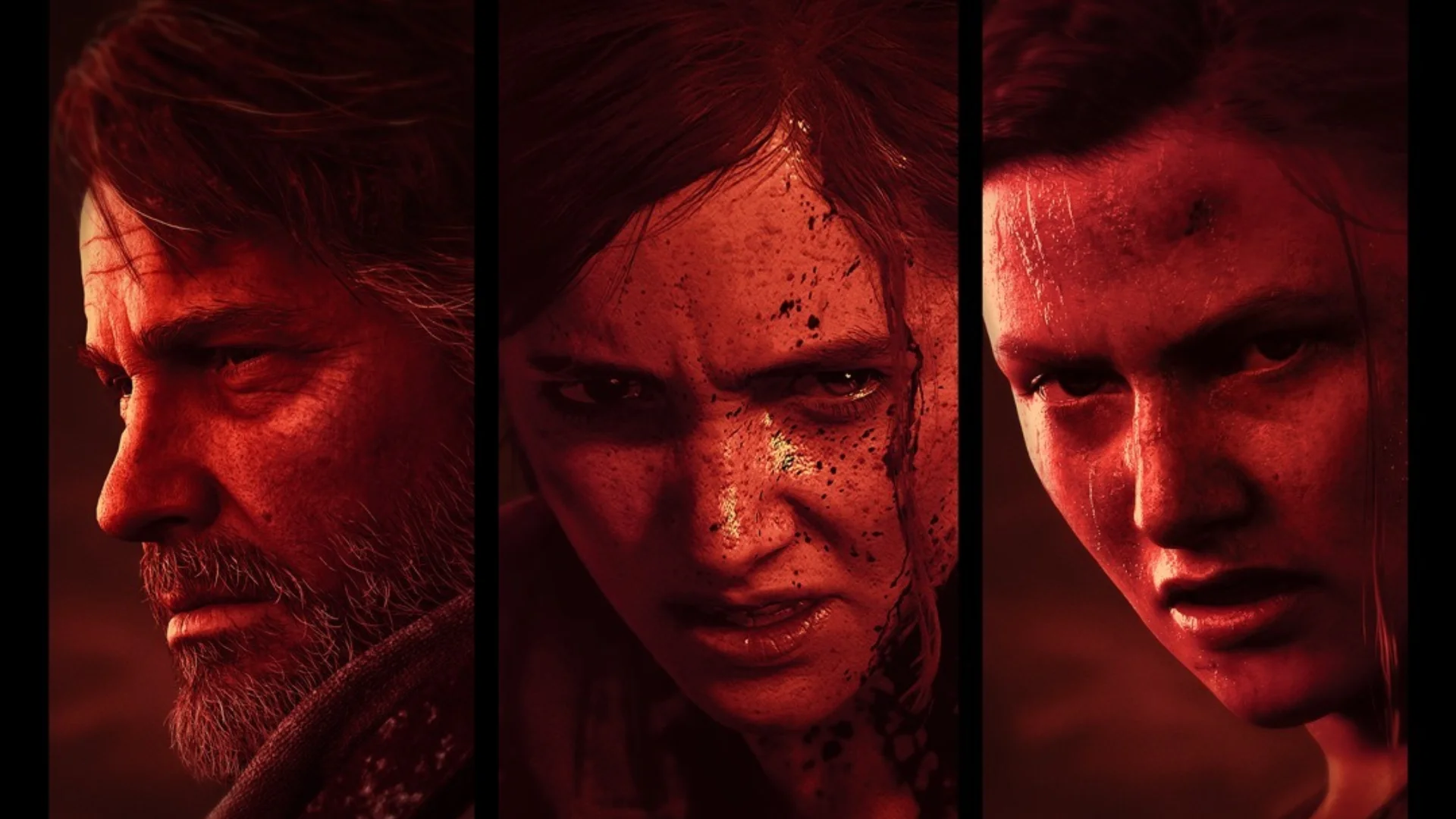 Joel, Ellie and Abby appear in three red-lit portrait panels for The Last of Us Part II.