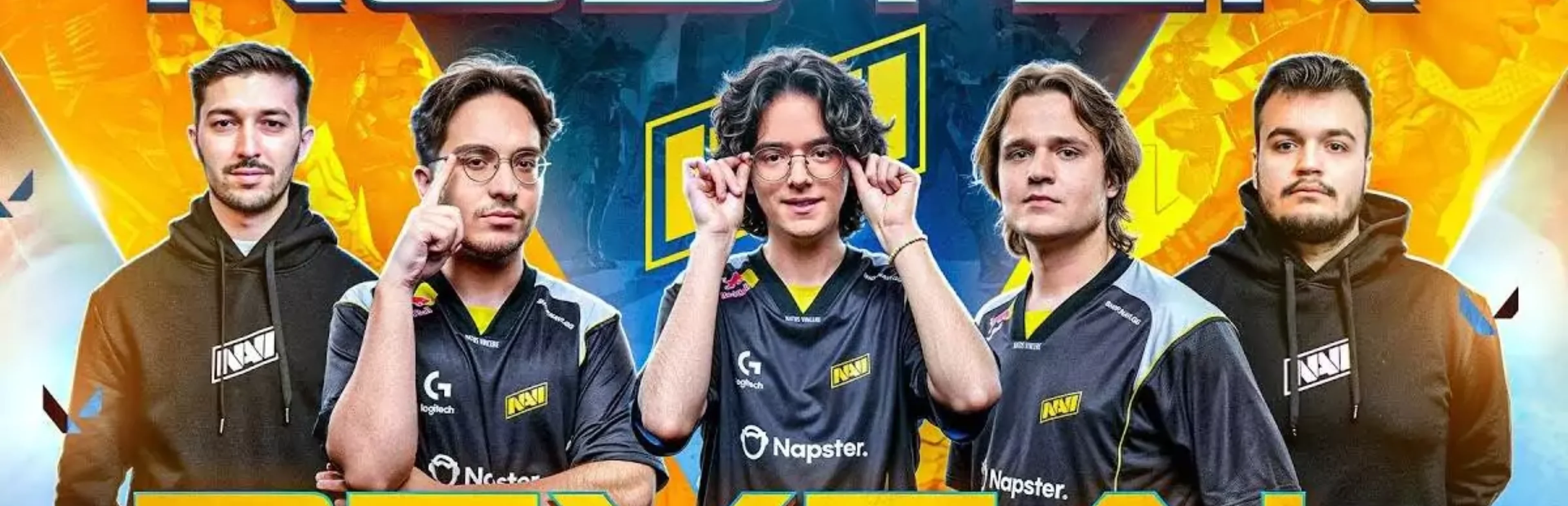 Five NAVI VALORANT team members pose in jerseys and hoodies against a yellow-and-blue background featuring the NAVI logo.