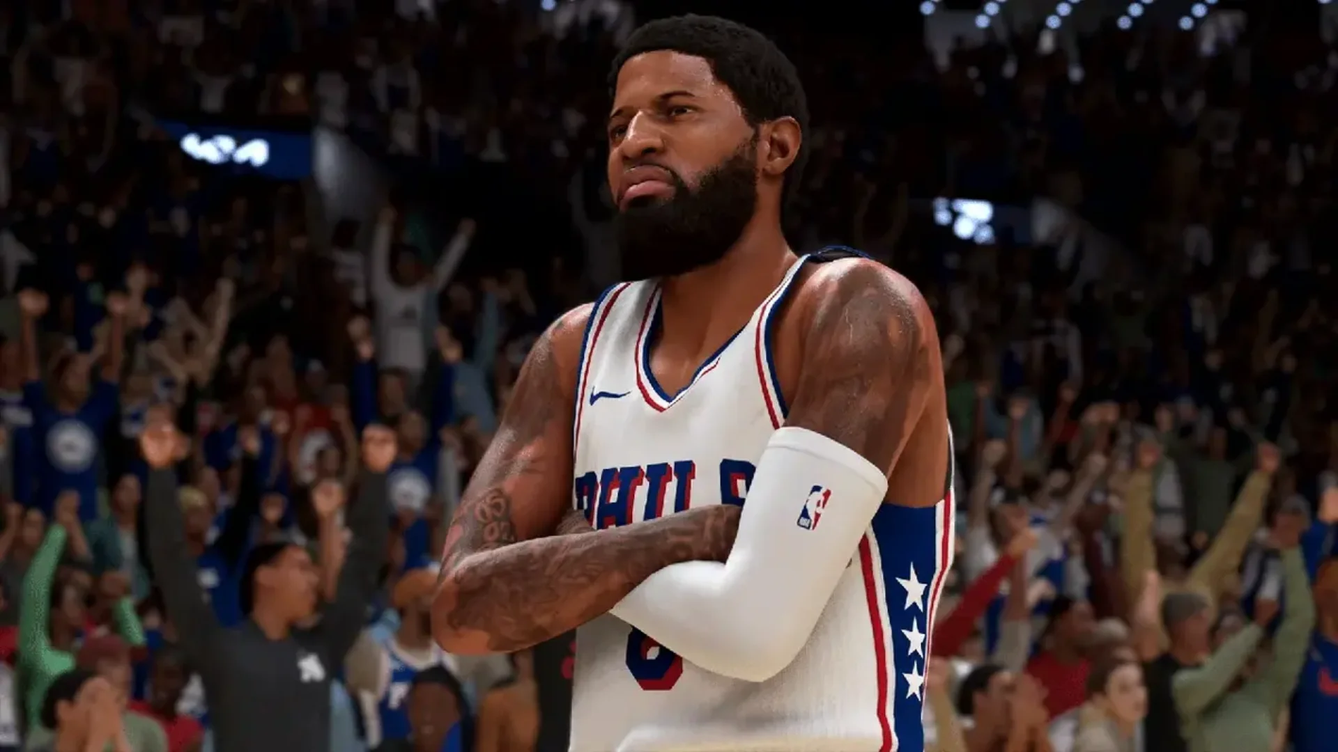 A Philadelphia 76ers player stands on the court during an NBA 2K25 game.
