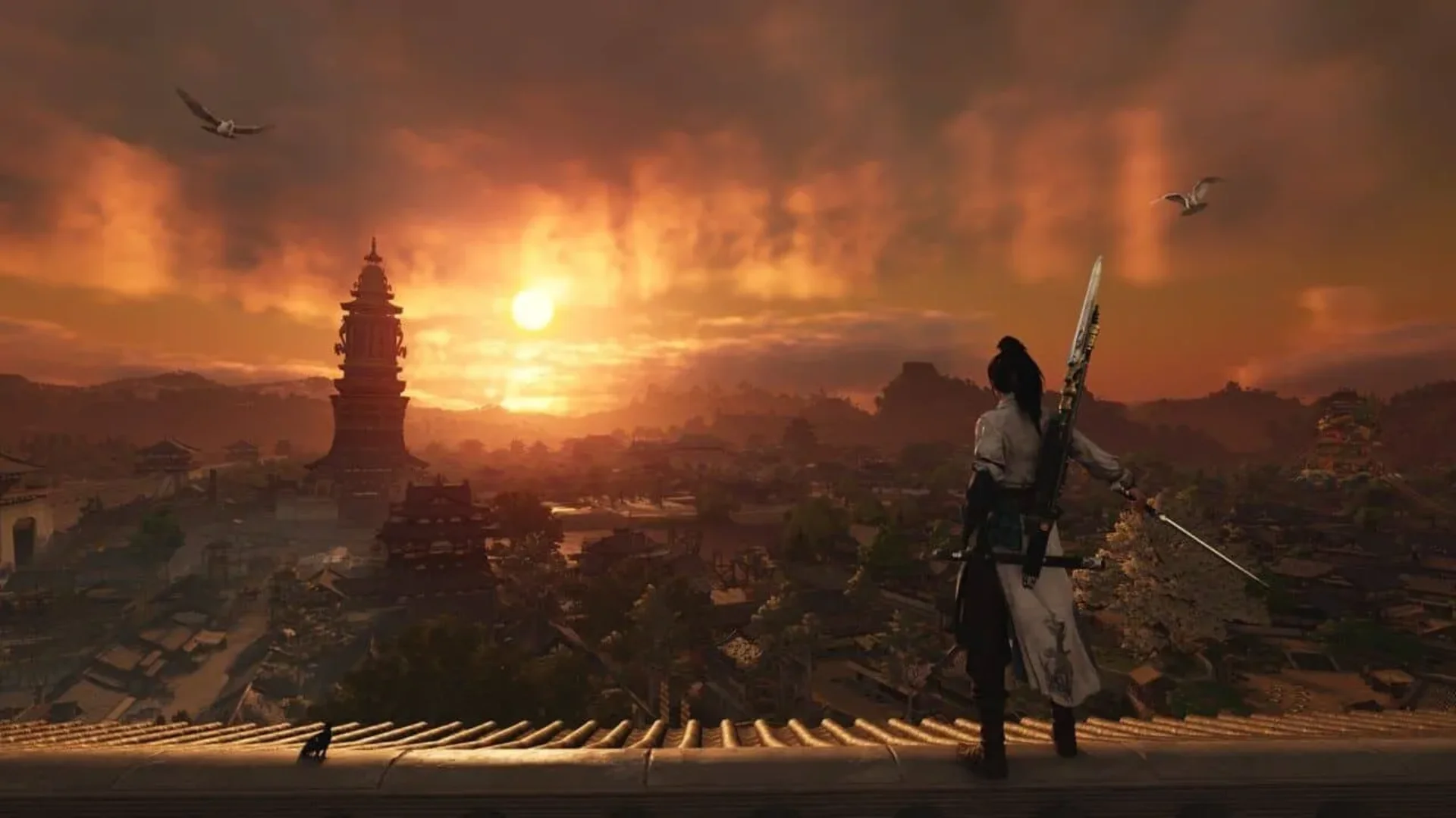 Sword-wielding character overlooks a sprawling city beneath an orange sunset in NetEase game artwork.