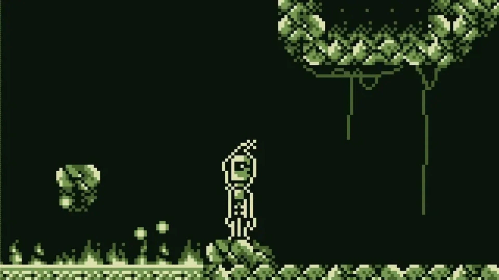 Fall from Space gameplay shows the player character standing in a dark cave beside a small creature.