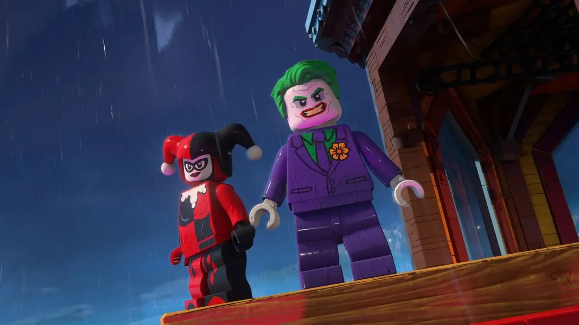 LEGO Harley Quinn and Joker stand together in the rain in LEGO Batman: Legacy of the Dark Knight.