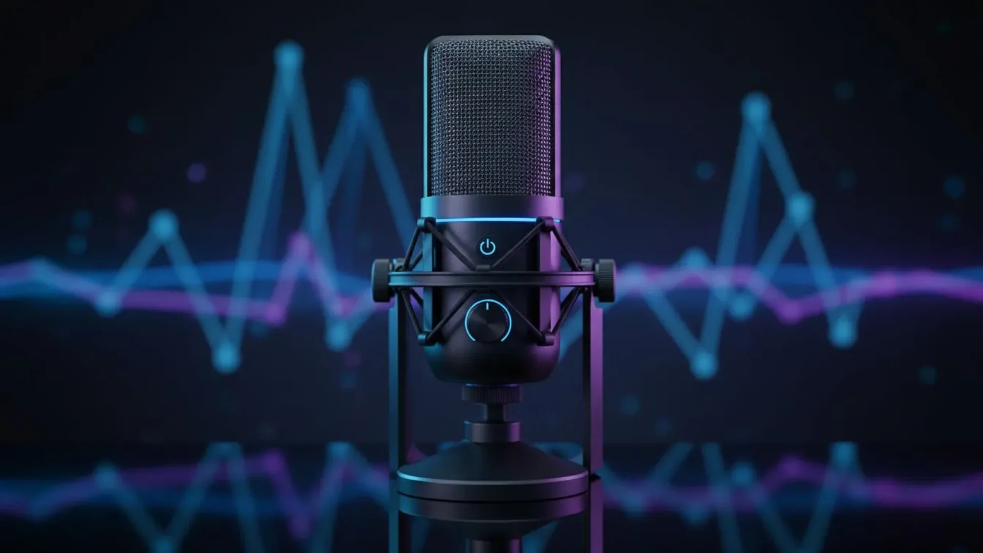 A black studio-style microphone stands in front of blue and purple audio waveforms.