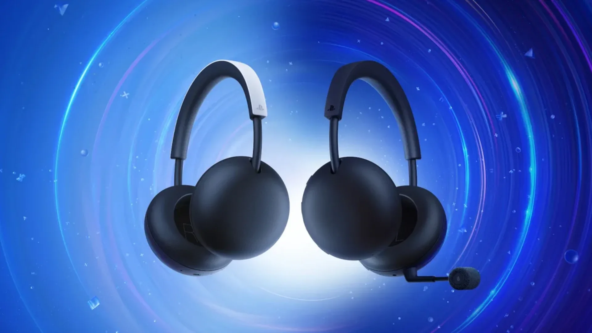White and Midnight Black PlayStation Pulse wireless headsets appear side by side against a blue background.