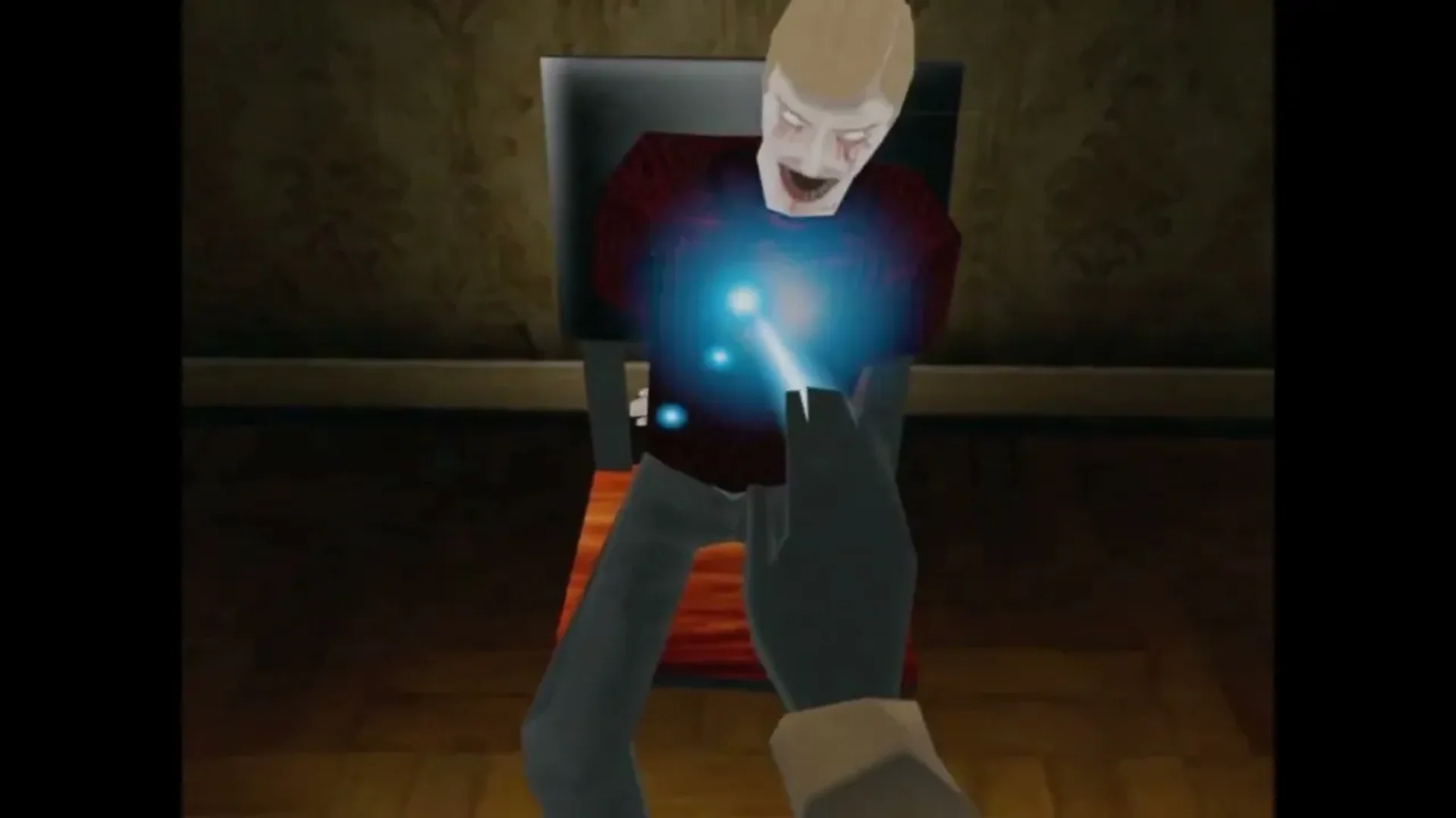 A possessed resident attacks the player during a dark indoor encounter in White Creek.
