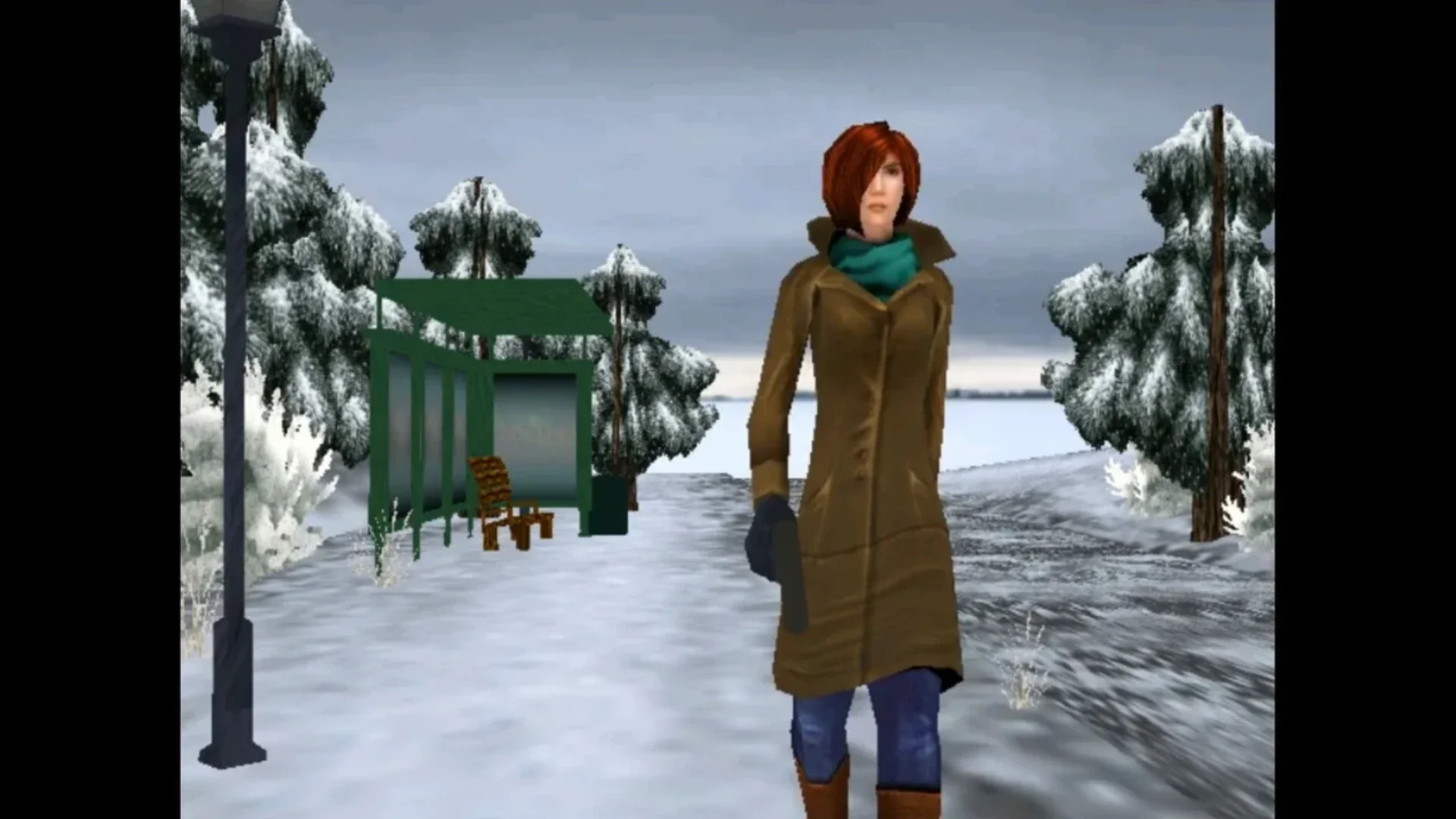 Alicia Morelli walks through a snowy roadside area in the survival horror game White Creek.