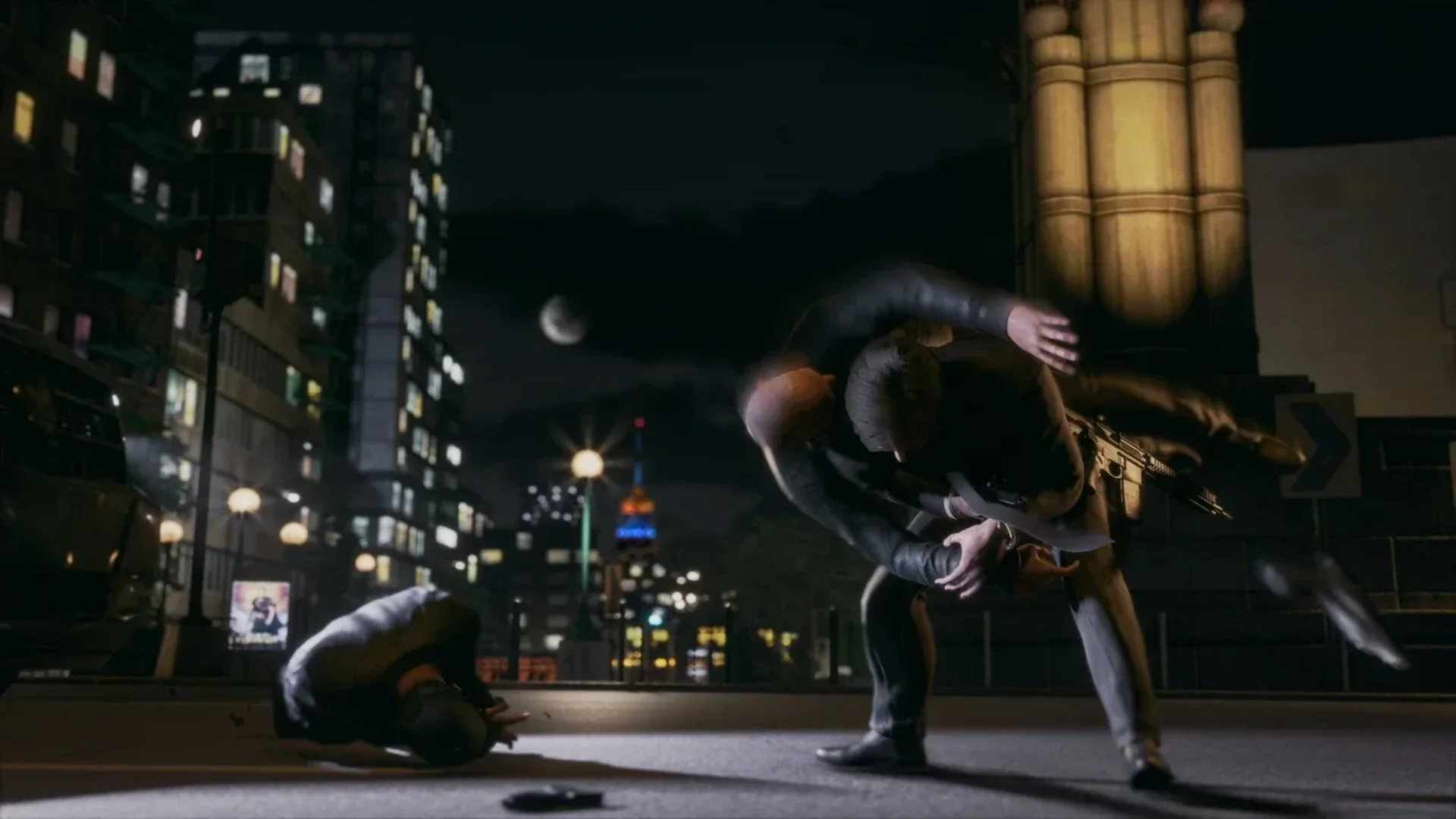 Anton Blackwood confronts an enemy beneath a large illuminated arch at night.