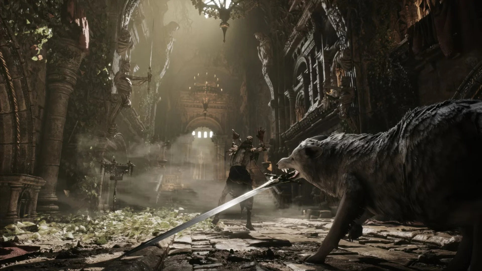 A stray dog carries a large sword in its mouth while facing an enemy inside an overgrown ruined hall.