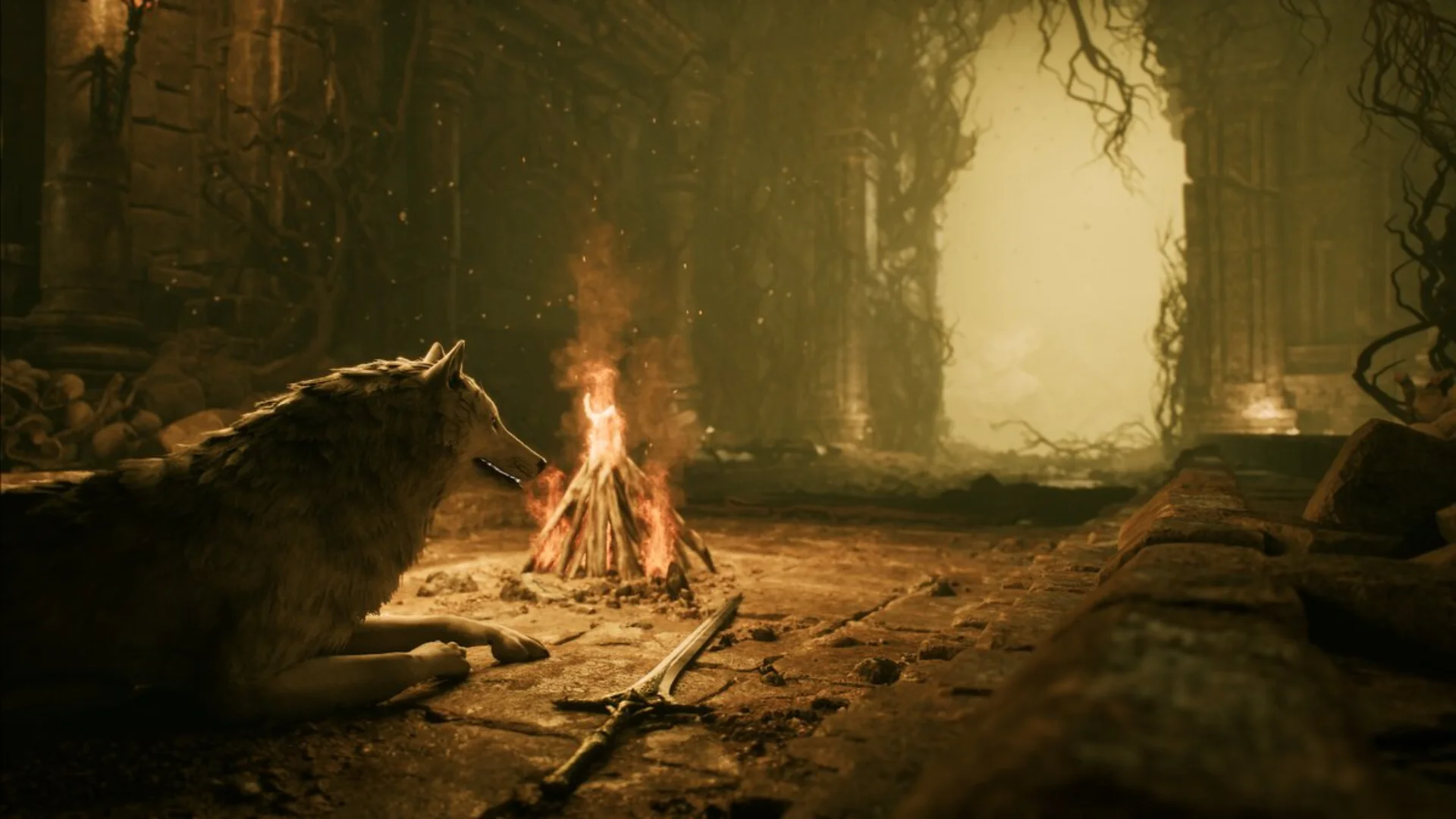 A stray dog rests beside a campfire and a sword inside a ruined hall in Stray Dog: nobody cares.