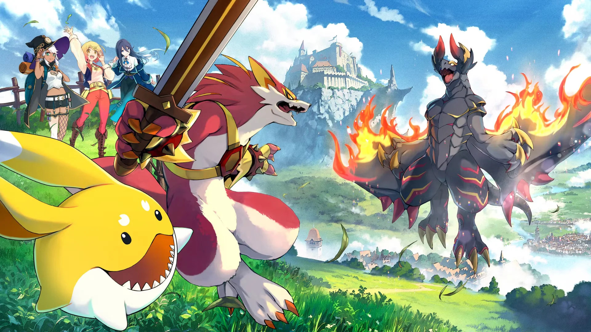 Mamon King turn-based battle showing Akamaldon fighting Kate's Iwantes with health bars, skill cards, and a forest arena.