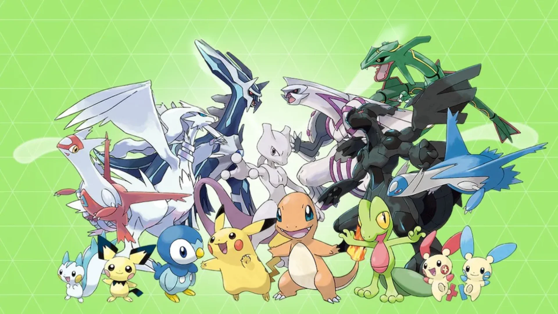 Pikachu and Pokémon from several generations grouped together on a green background.