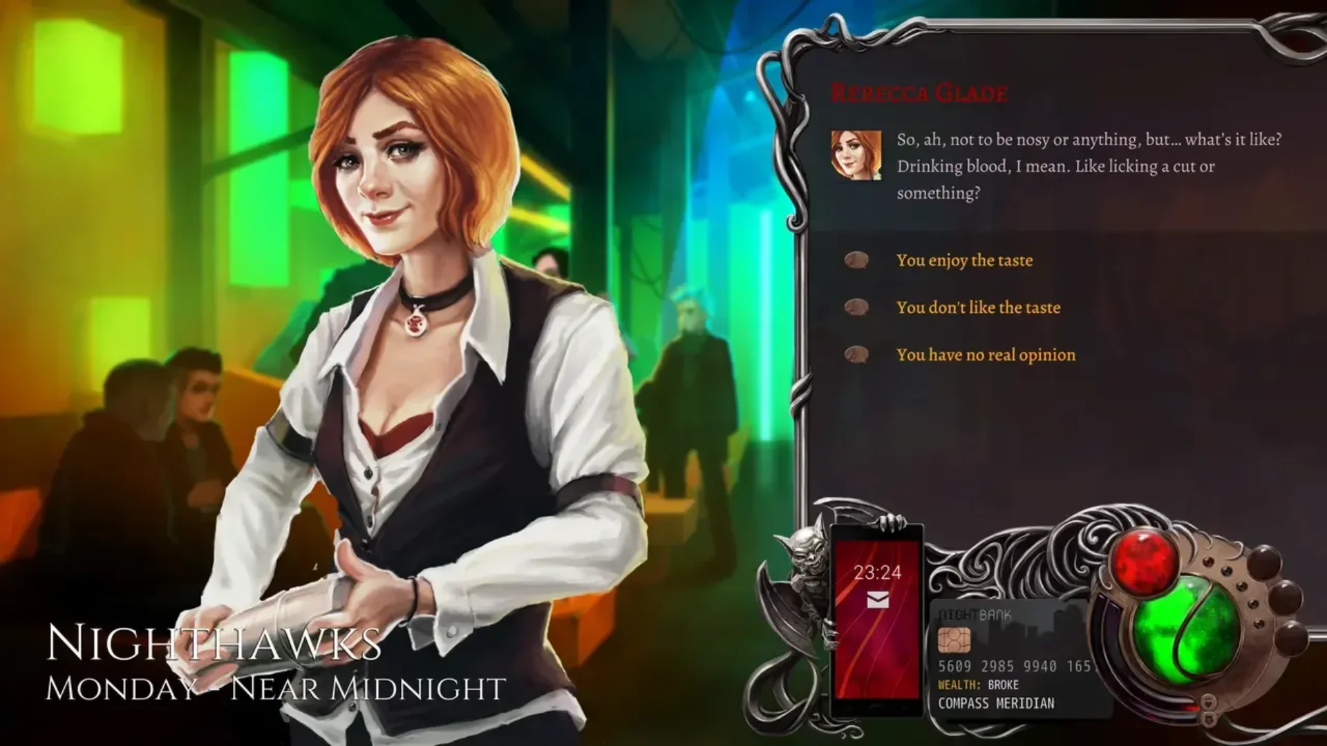 Rebecca Glade speaks with the player in a Nighthawks dialogue scene with three response choices.