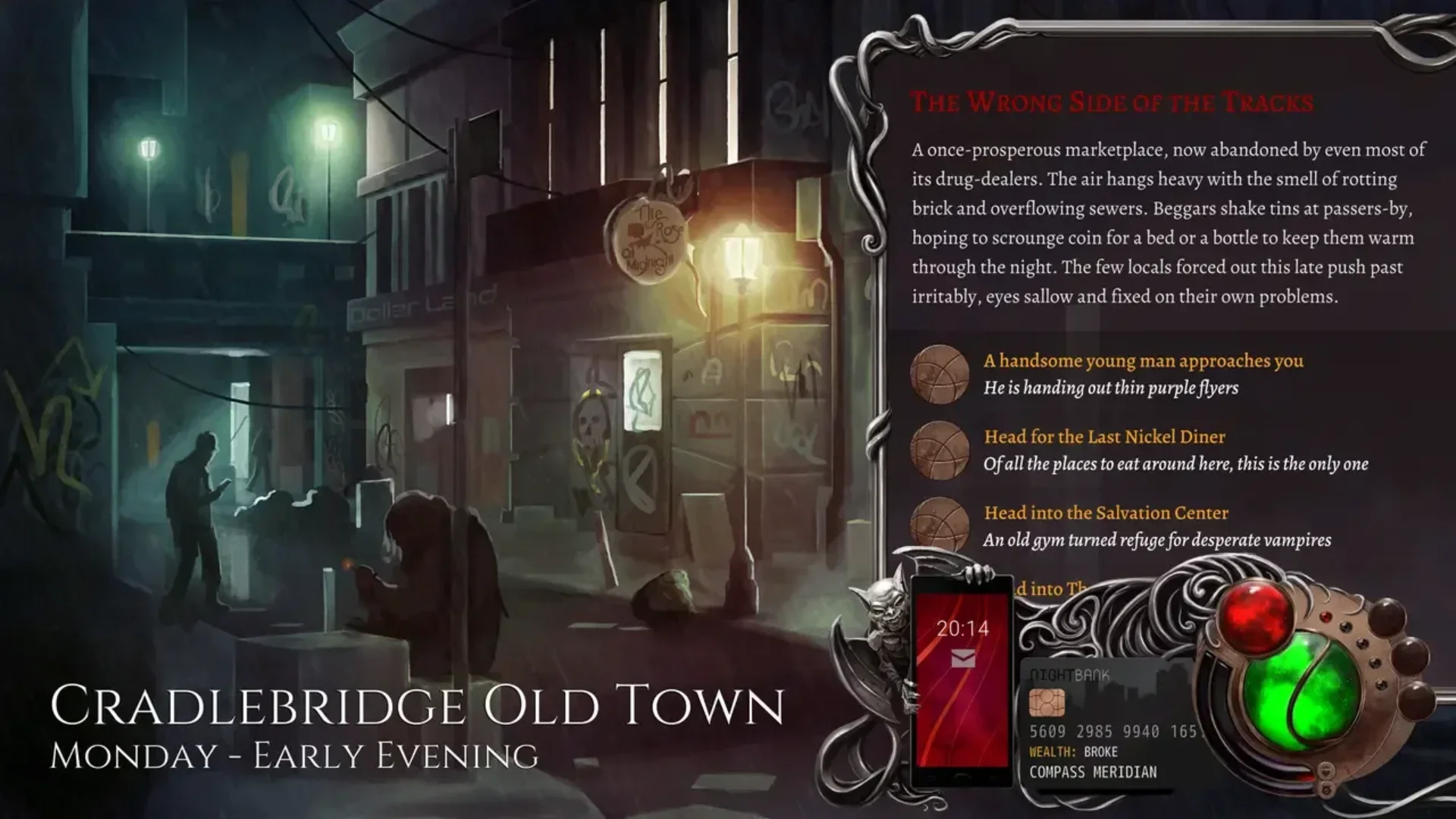Nighthawks shows Cradlebridge Old Town with location choices and a vampire-themed interface.