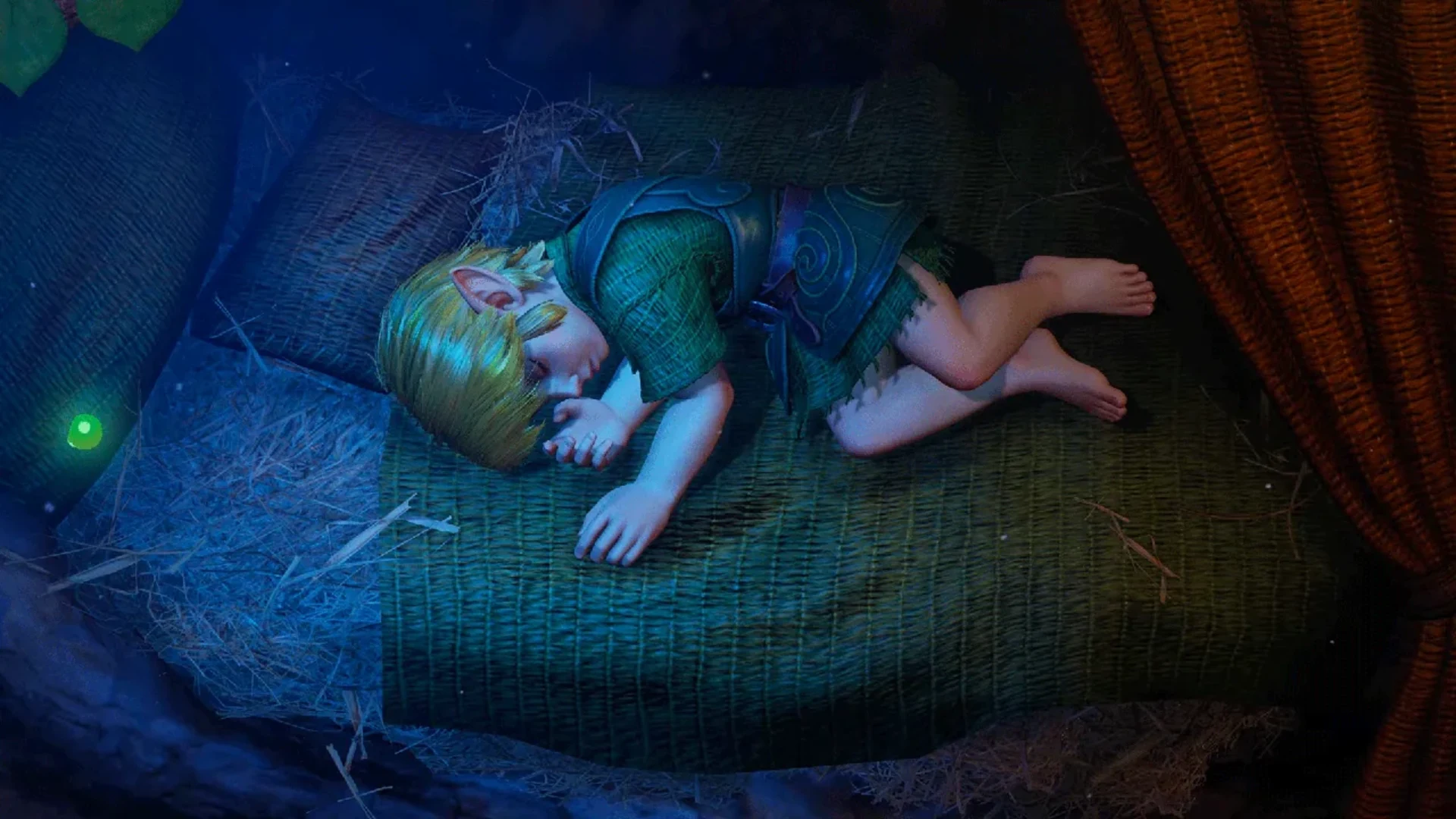 Young Link sleeps on a woven bed inside his home in The Legend of Zelda: Ocarina of Time remake.