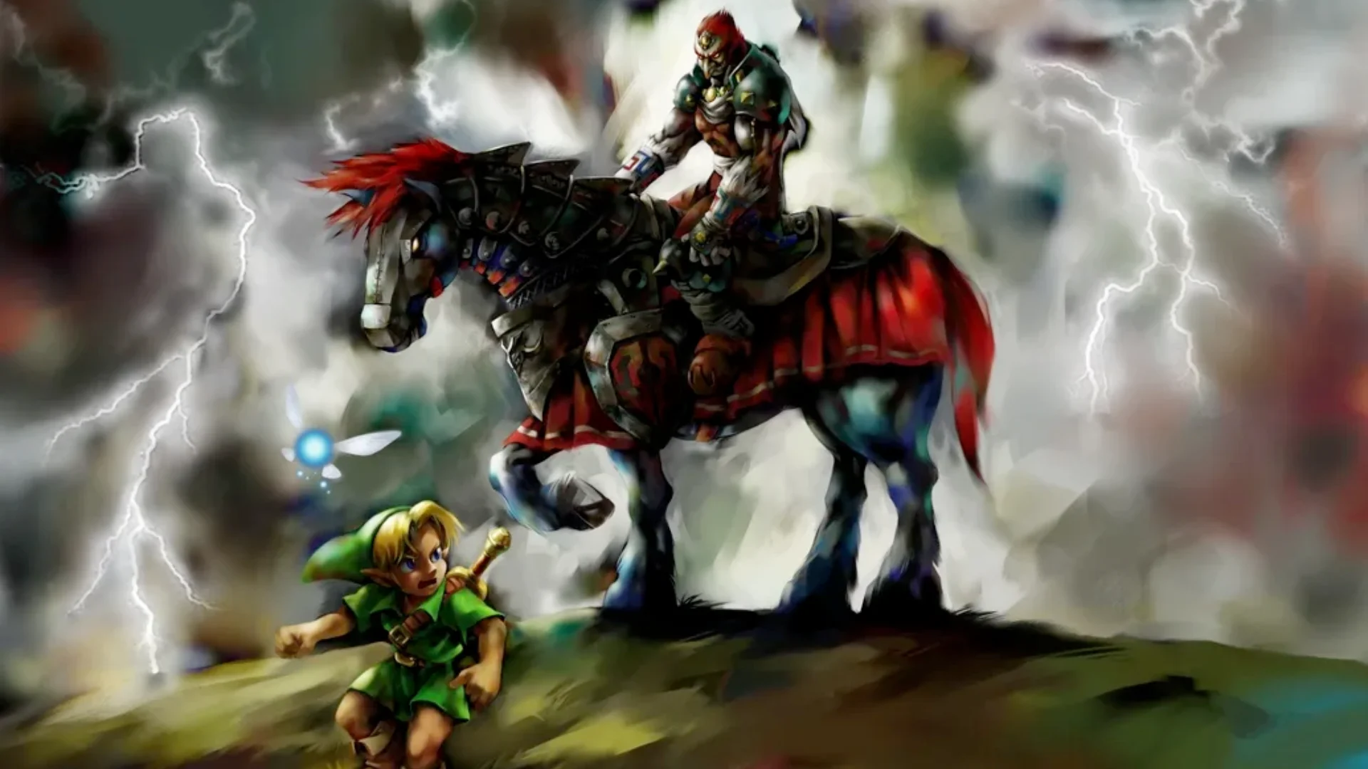 Young Link runs beneath Ganondorf on horseback in artwork inspired by The Legend of Zelda: Ocarina of Time.