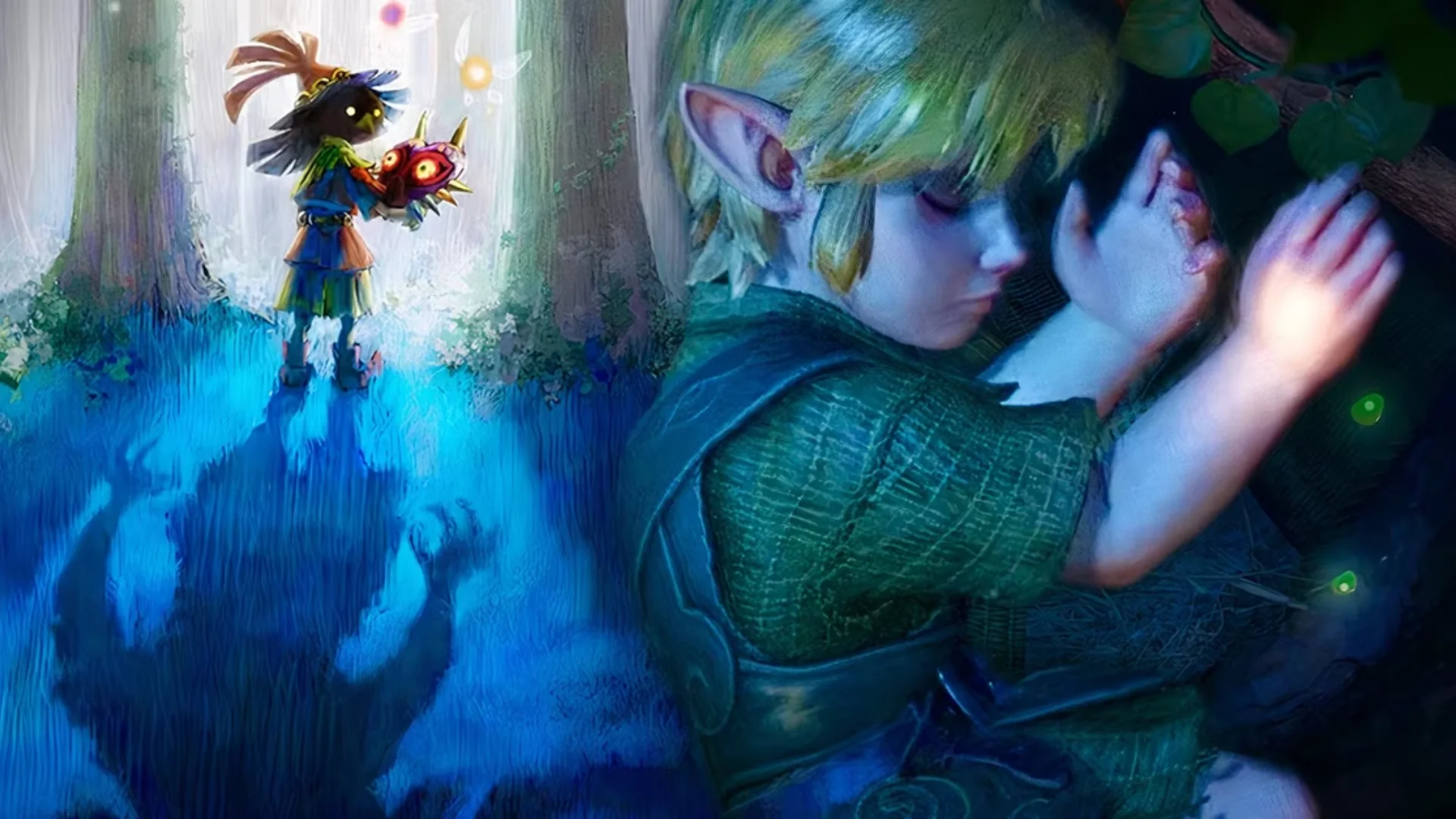 Scenes from The Legend of Zelda: Majora's Mask show Link embracing a character and Skull Kid holding Majora's Mask.