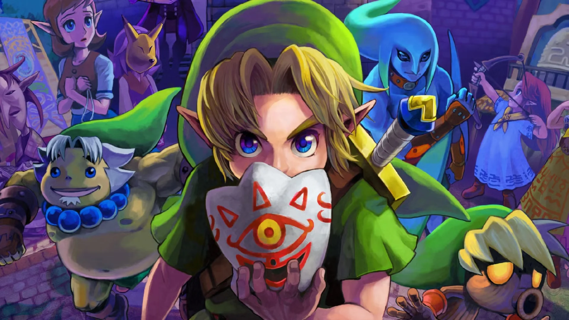 Link holds Majora's Mask while characters from Termina appear around him in The Legend of Zelda: Majora's Mask artwork.