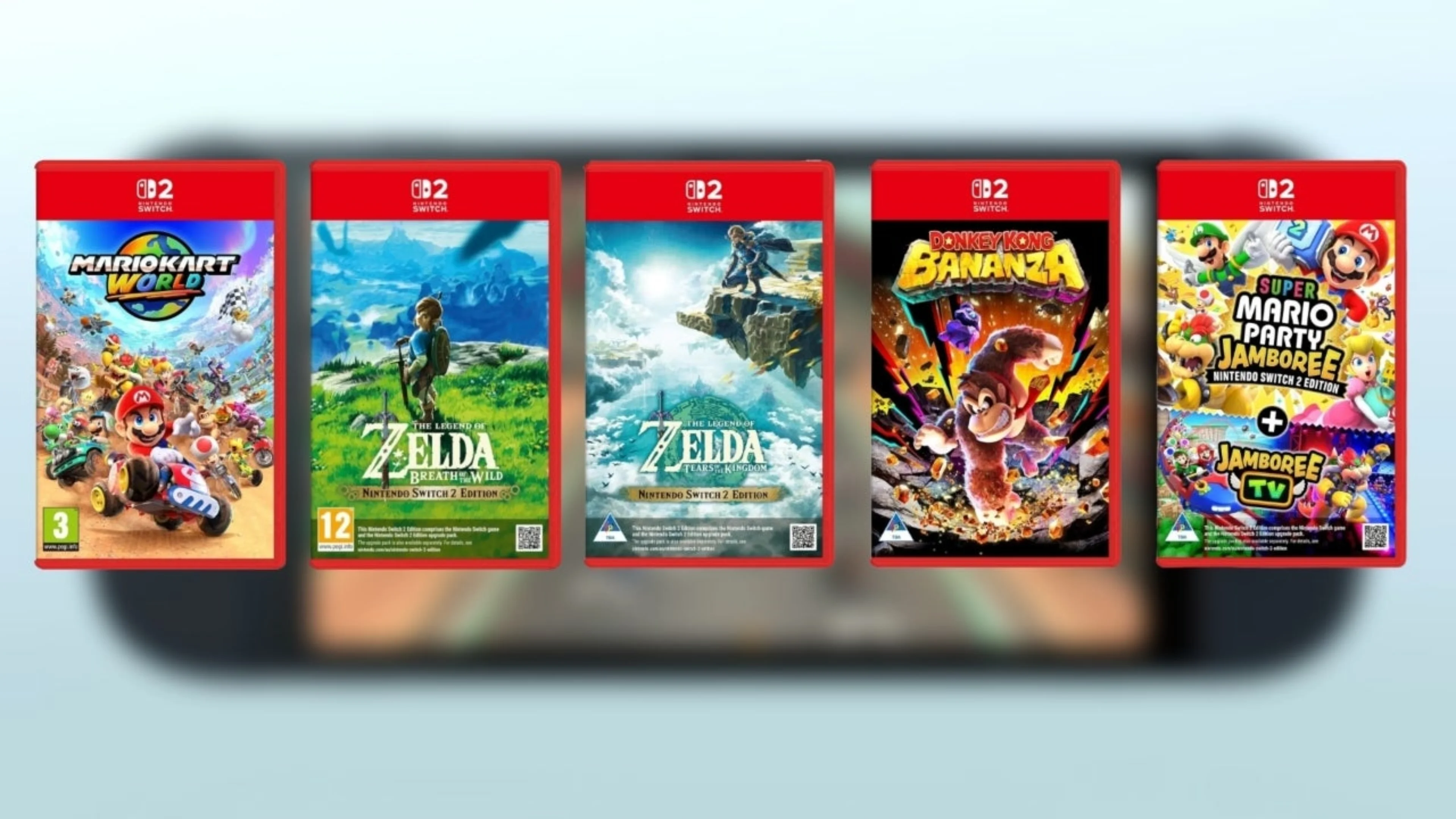 Five Nintendo Switch 2 game cases feature Mario Kart World, two Zelda titles, Donkey Kong Bananza and Super Mario Party Jamboree.