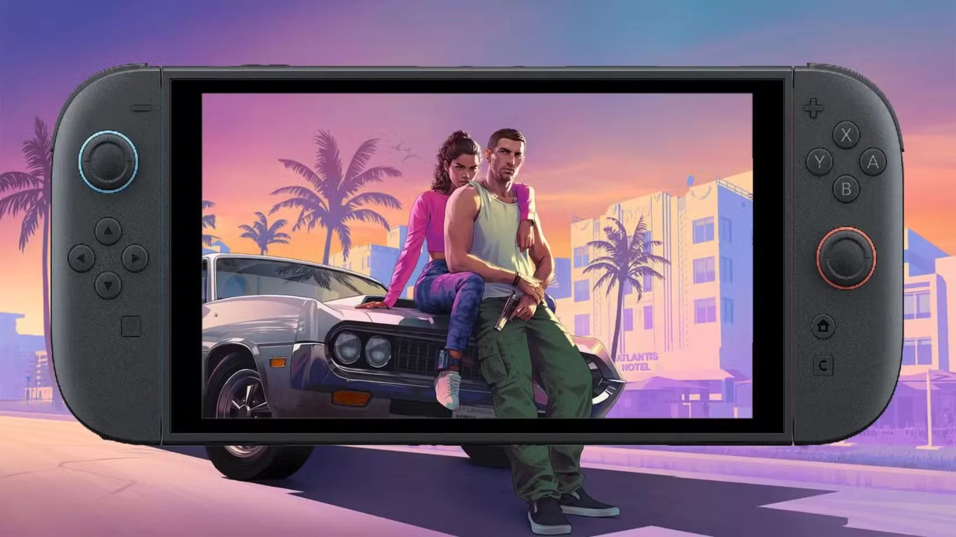 Switch 2 handheld mockup displaying GTA 6 artwork of Jason and Lucia with a car against a pink sunset.