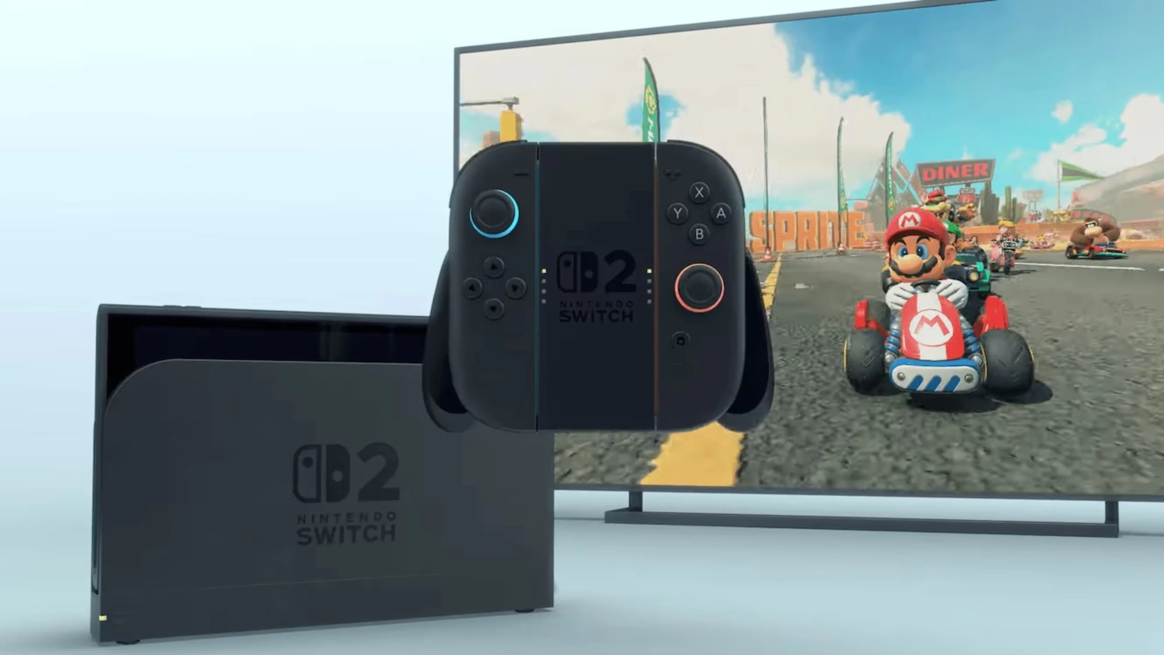 Nintendo Switch 2 controllers and dock displayed in front of a TV showing Mario Kart World gameplay with Mario racing.