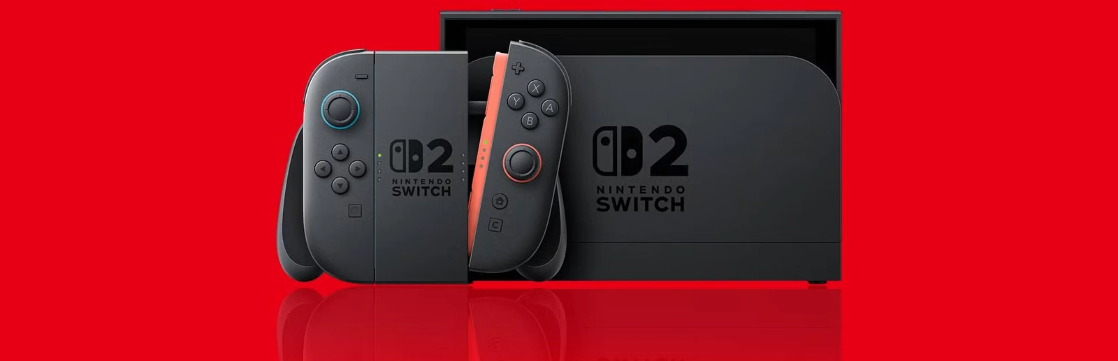 Nintendo Switch 2 hardware, including Joy-Con 2 controllers and its dock, is displayed on a red background for coverage of ns2jb.