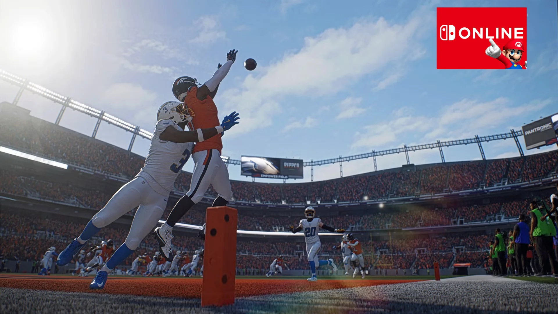 Madden NFL 27 players contest a catch near the end zone with a Nintendo Switch Online graphic in the corner.