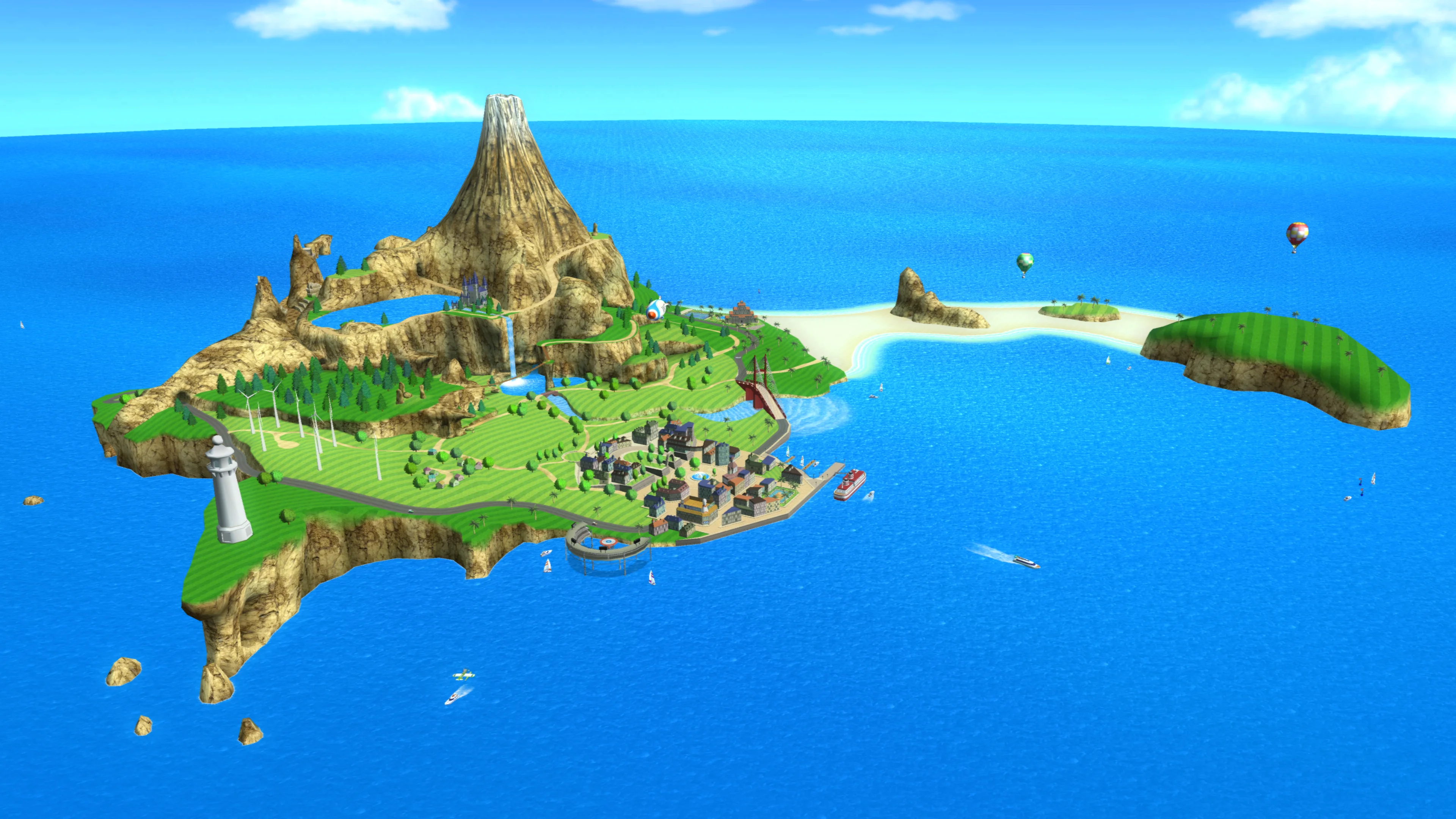 Aerial view of Wuhu Island in Nintendo Switch Sports Resort, showing its mountain, beaches, forests, lighthouse and coastal town.