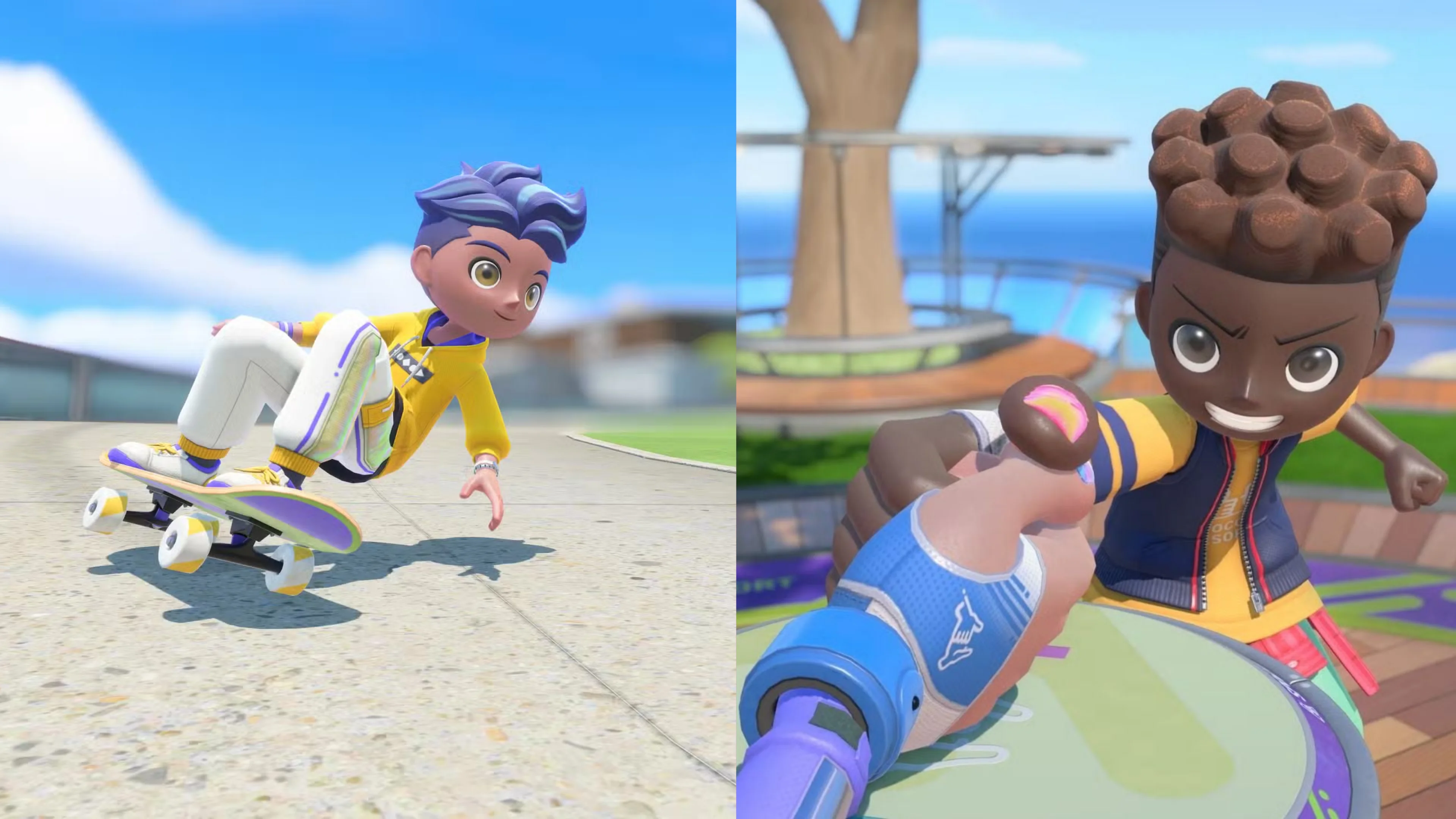 Nintendo Switch Sports Resort gameplay showing a Sportsmate skateboarding on the left and a Thumb Wrestling match on the right.