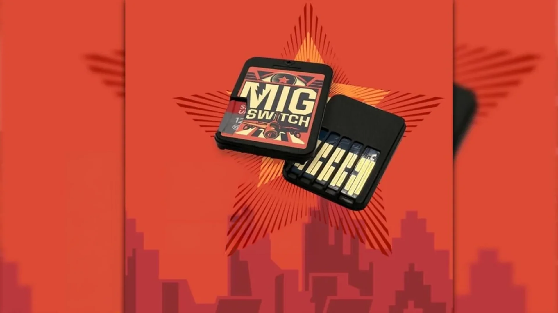 Two MIG Switch cartridge devices appear against a red background with a stylized city skyline.